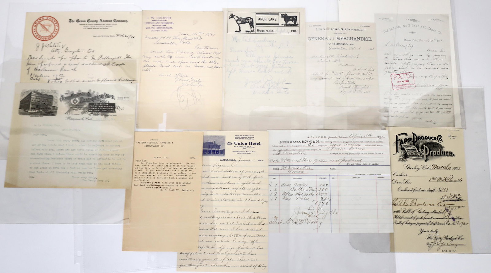 Colorado Town Billhead Group [148309]: Lot of 10 different from 10 different Colorado towns. There are some scarce pieces in here. Includes: Union Hotel (Lamar, 1902, pictorial); Chick, Browne & Co. (Granada, 1875, AT Farr Produce Co. (Gre