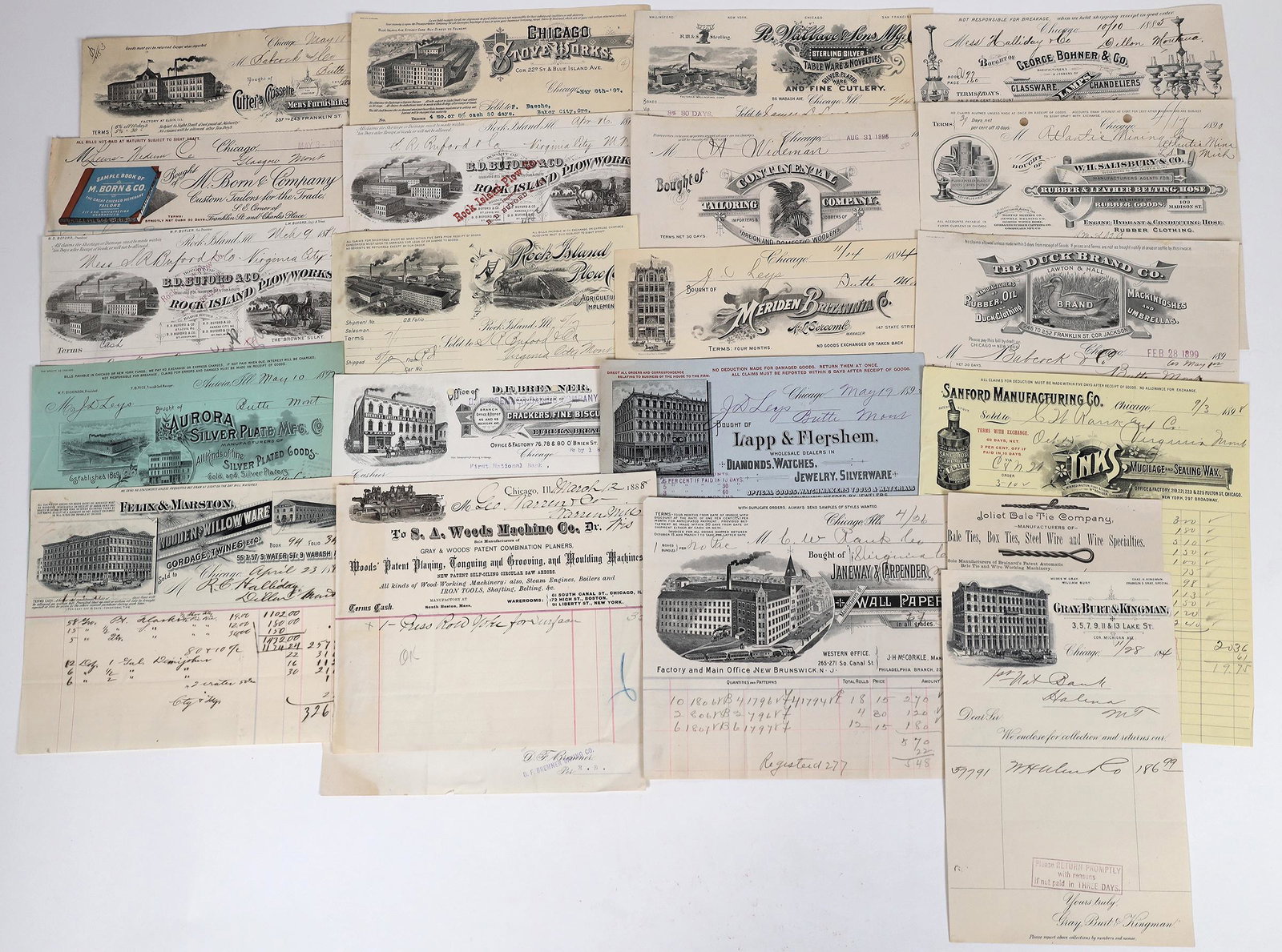 State of Illinois Business Billheads & Letterheads (21) [158222]: Lot of twenty one. 18 are Chicago ~ 1885-1902 ~ (No Duplicates)Date: Country (if not USA): State: IllinoisCity: Provenance: