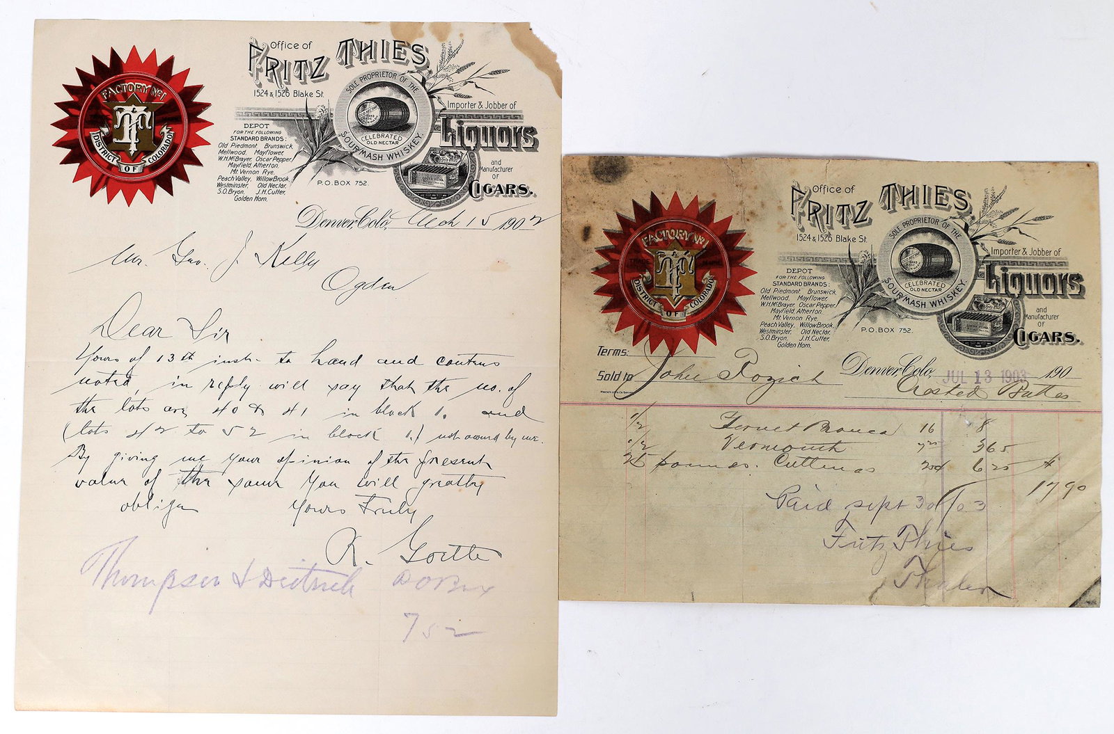 Fritz Thies Sourmash Whiskey Billhead & Letterhead, Denver [155480]: Lot of 2. Same design. Letterhead (1902) and billhead (1903) for Fritz Thies, Sole Proprietor of the Sourmash Whiskey. Importer & Jobber of Liquors and Manufacturers of Cigars. Depot for numerous whis