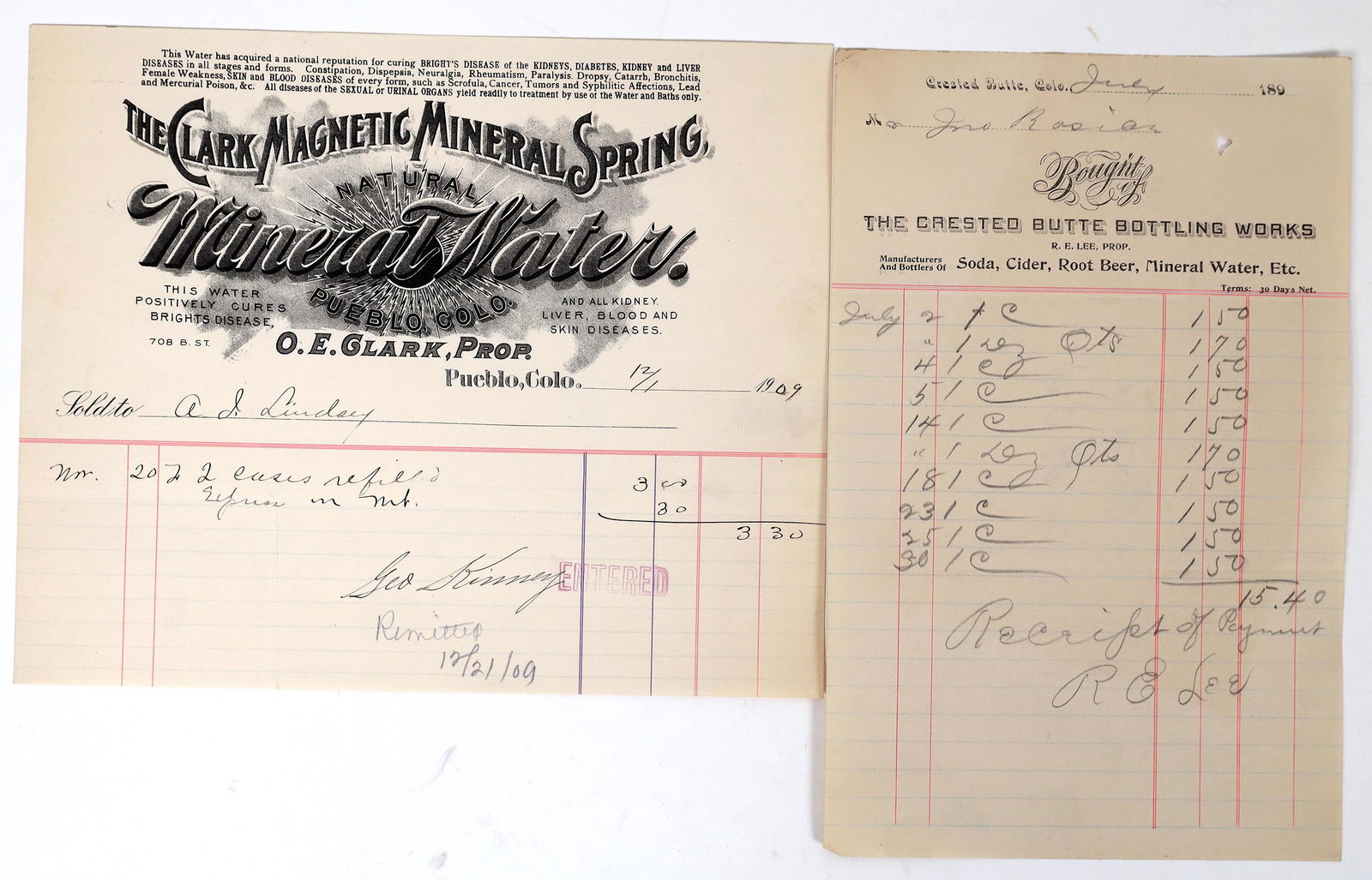 Colorado Mineral Water Billheads: Pueblo and Crested Butte [155474]: Lot of 2 different. 1) Crested Butte Bottling Works. RE Lee, Prop. Manufacturers and Bottlers of Soda, Cider, Root Beer, Mineral Water, Etc. Dateline Crested Butte, Colo. July 189-. Billed to John Ros