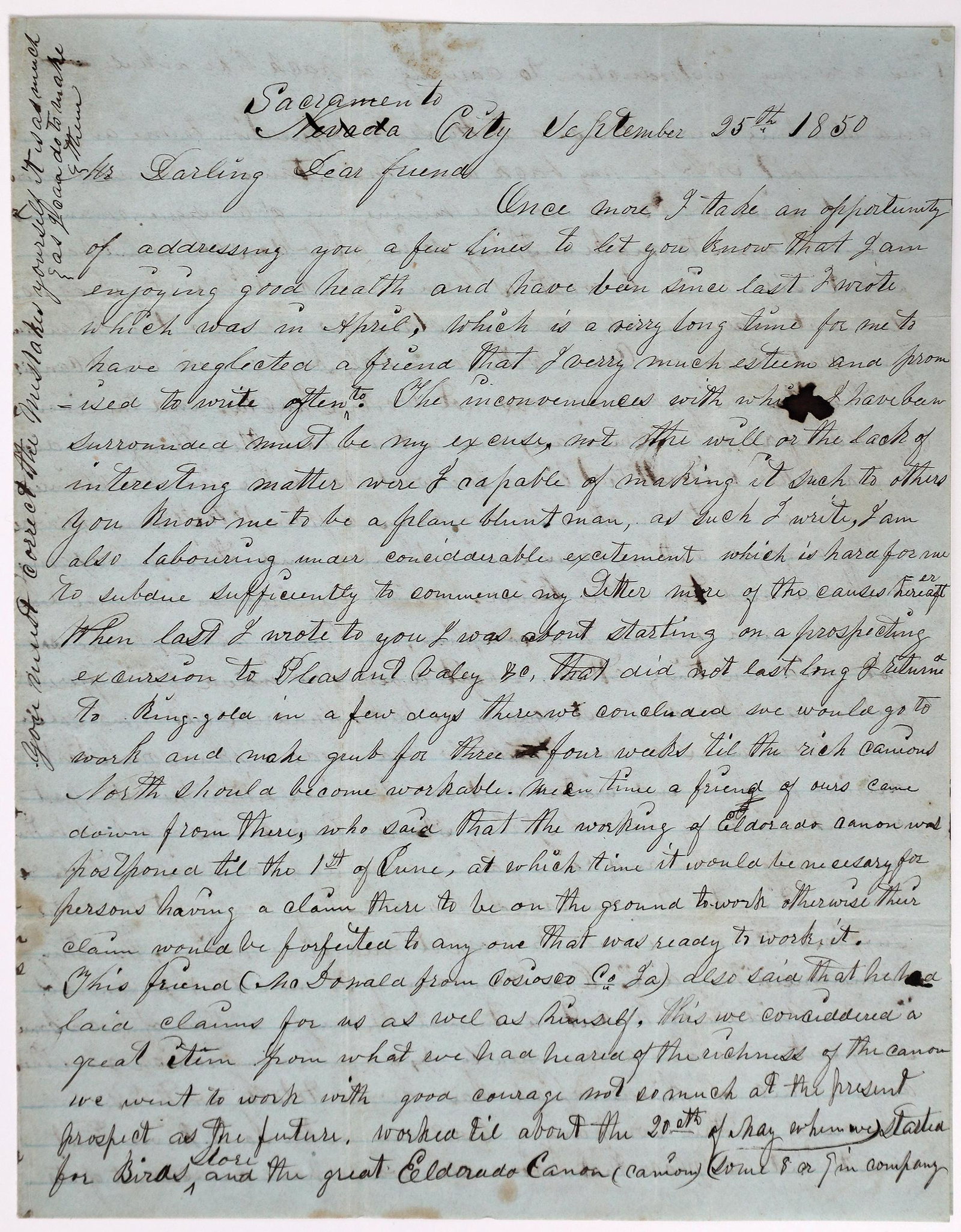 1859 Gold Rush Letter from Nevada [City] Area [151905] (1 of 2)