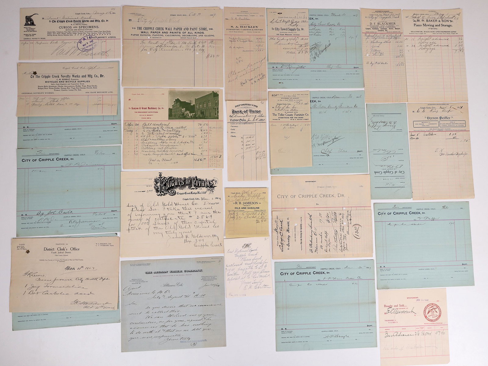 Cripple Creek Area Billhead Suite [158870]: 28 Cripple Creek area billheads, some pictorial. Victor, Altman, Cripple Creek, c. 1897-1911. Date: Country: State: ColoradoCity: Cripple CreekProvenance: Gary Bracken Collection