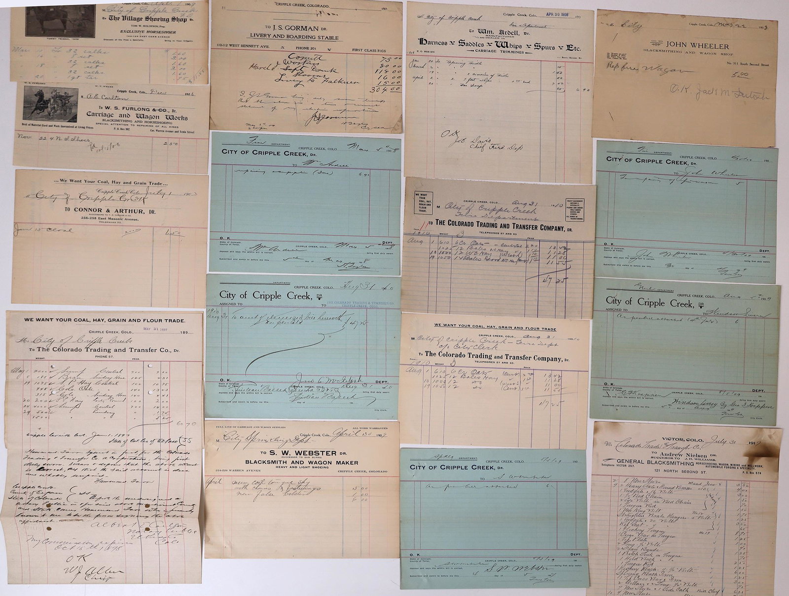 Cripple Creek Livery Billheads [158875]: 15 Cripple Creek billheads, 2 illustrated. Hodges & Brunton, JS Gorman, WM Ardell, Burton Coal and Supply, Village Shoeing Shop, WS Furlong, Colorado Trading and Transfer, SW Webster, General Blacksmi