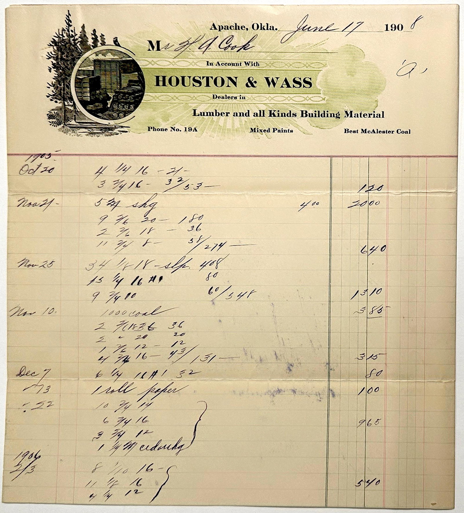Oklahoma and Indian Territory Billheads / Letterheads: Western Counties [155627]: Lot of about 70 pieces. Includes billheads, letterheads, and receipts from: Washita County (Cordell, Foss, Rocky, Cloud Chief, and Clinton); Greer County (Mangum); Comanche County (Lawton); Jackson Co