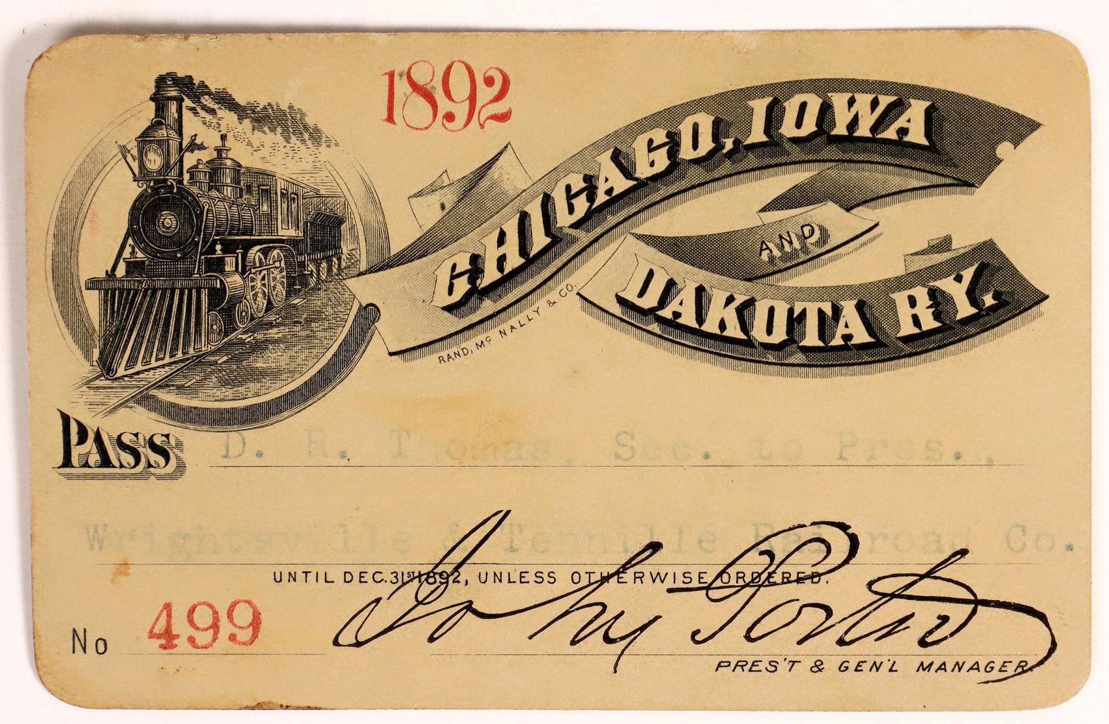 Chicago, Iowa & Dakota Railway Annual Pass [148261] (1 of 2)
