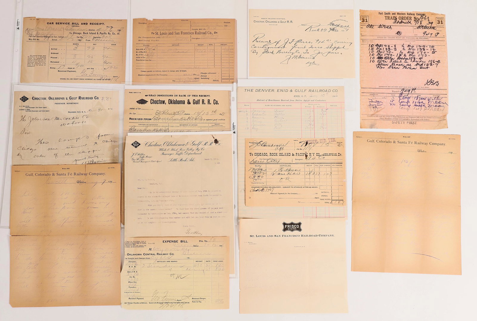 Oklahoma and Indian Territory Railroad Ephemera [158051]: Lot of 12. Includes: Choctaw, Oklahoma & Gulf RR Co. (shipping receipt, El Reno, 1898, 1904 receipt, 1902 letterhead to Okmulgee, and letterhead, Oklahoma City, 1902); Denver, Enid & Gulf Railroad Co.