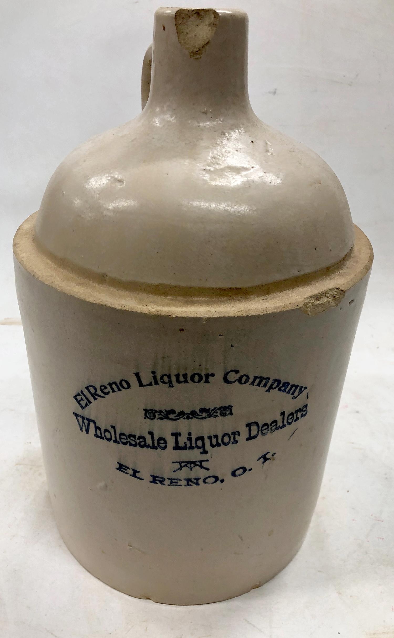 El Reno, Oklahoma Territory Liquor Jug [159835]: El Reno Liquor Company/Wholesale Liquor Dealers/ El Reno, O. T. 1" lip chip, 1" shoulder chip, several small base chips.Date: Country: State: OklahomaCity: El RenoProvenance: Gary Bracken Collection