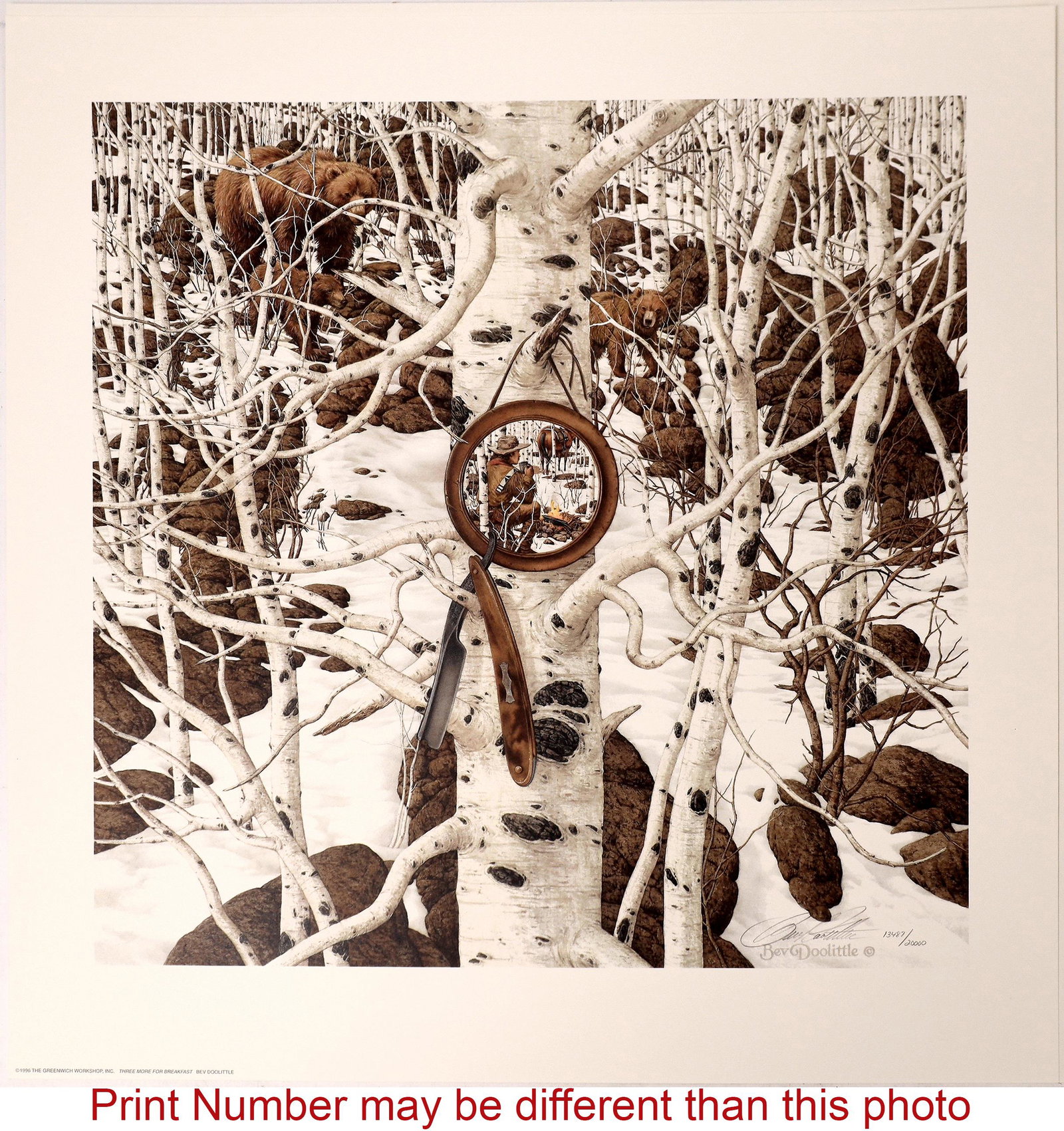 Bev Doolittle Print: Three More for Breakfast [139928]: THREE MORE FOR BREAKFAST by Bev Doolittle, a fine-art lithograph issued in 1996, sequentially numbered and signed by the artist. Subtitle is There's magic in the unexpected. Image shows a cowboy at a