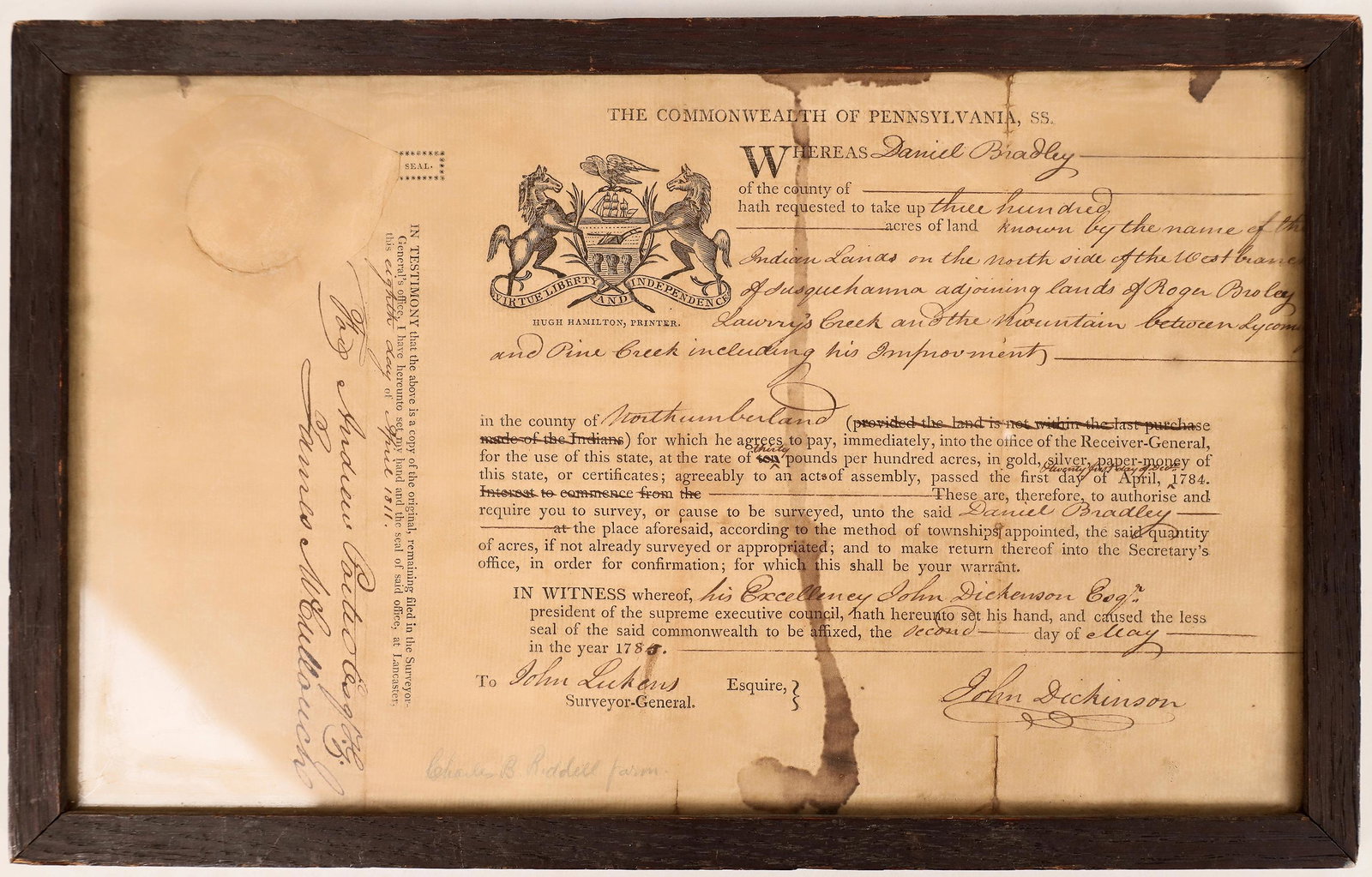 Founding Father John Dickinson Signed Document, 1785 [158204]: John Dickinson, 1732-1808. Known as the "Penman of the Revolution" for his twelve Letters from a Farmer in Pennsylvania. Dickinson was one of the delegates from Pennsylvania to the First Continental C