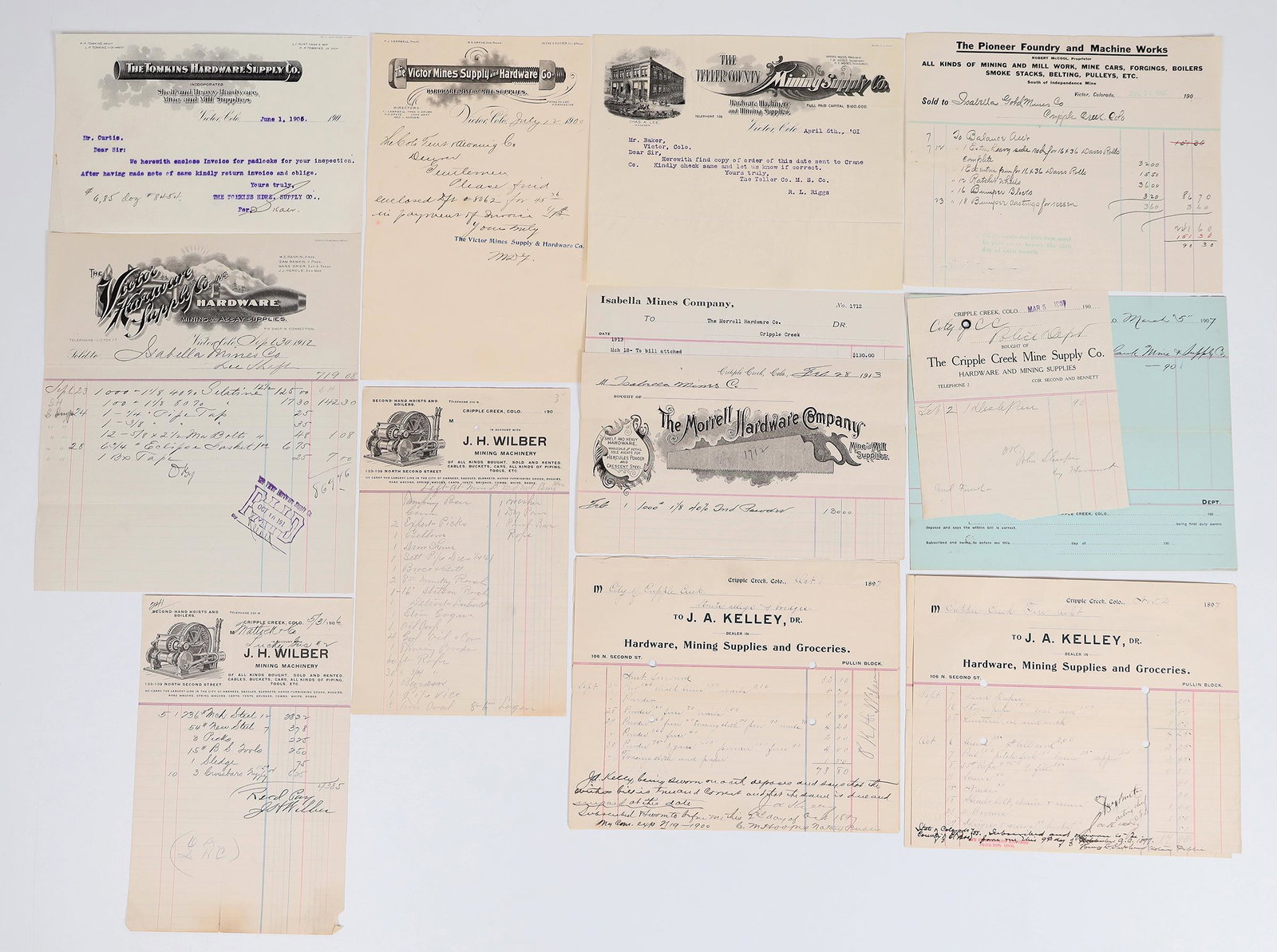 Cripple Creek Mining Supplies Billheads [158866]: 9 Cripple Creek mining supply billheads, some pictorial. JA Kelley, Cripple Creek Mine Supply, Morrell Hardware, JH Wilber, Pioneer Foundry and Machine, Teller County Mining Supply, Victor Mines Suppl
