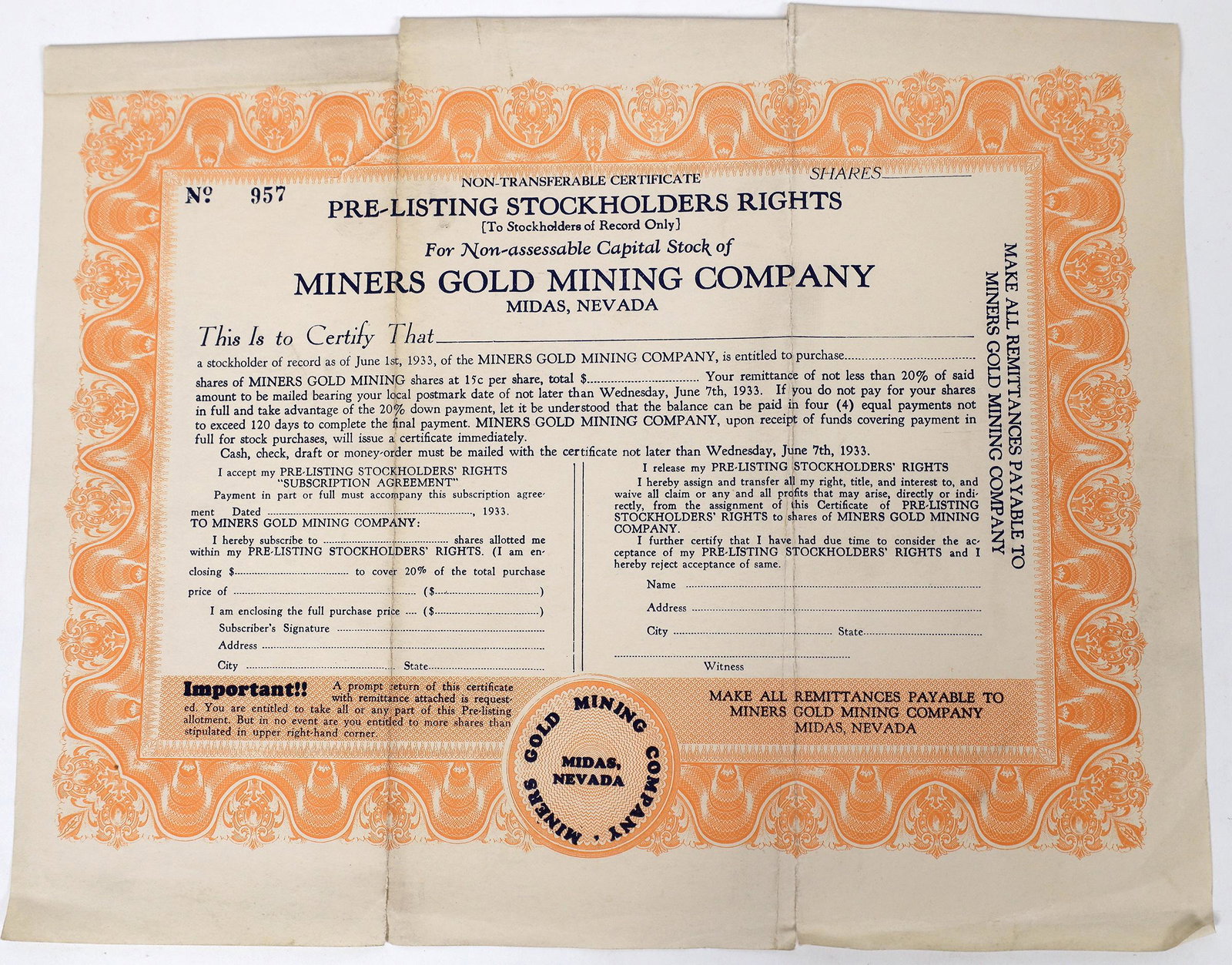 Miners Gold Mining Co. Stockholders Rights Certificate, 1933 [157900]: Non-Transferable Certificate Pre-Listing Stockholders Rights for Non-Assessable Capital Stock of Miners Gold Mining Company of Midas, Nevada. Certificate No. 957 from 1933, not issued. 11.75 x 9.5 inc