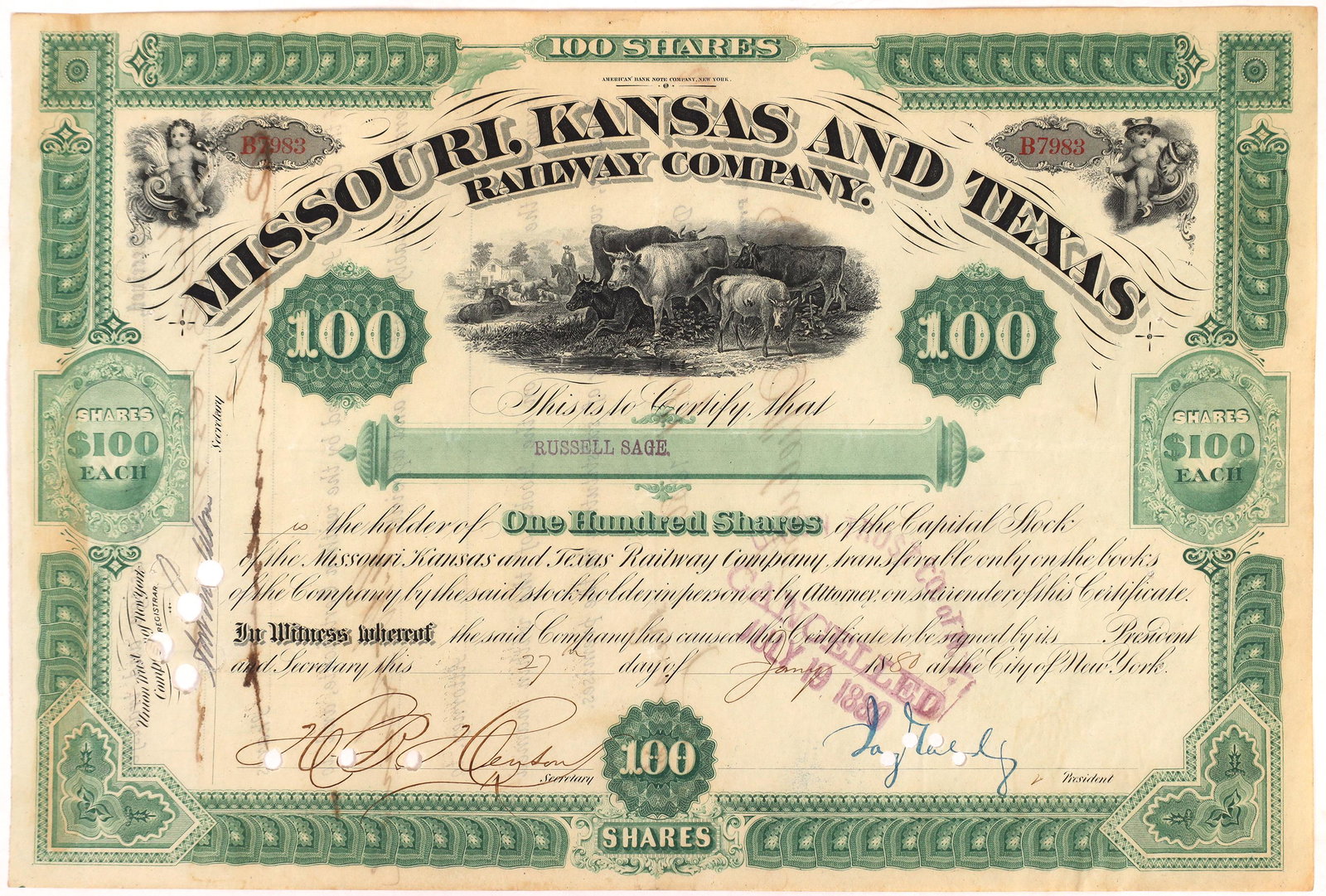 Missouri, Kansas, and Texas Railway Co. Stock signed by Gould, 1880 [158025]: Missouri, Kansas, and Texas Railway Company stock certificate. No. B7983 for 100 shares issued to Russell Sage on January 27, 1880. Sage was an American financier and railroad executive who partnered 
