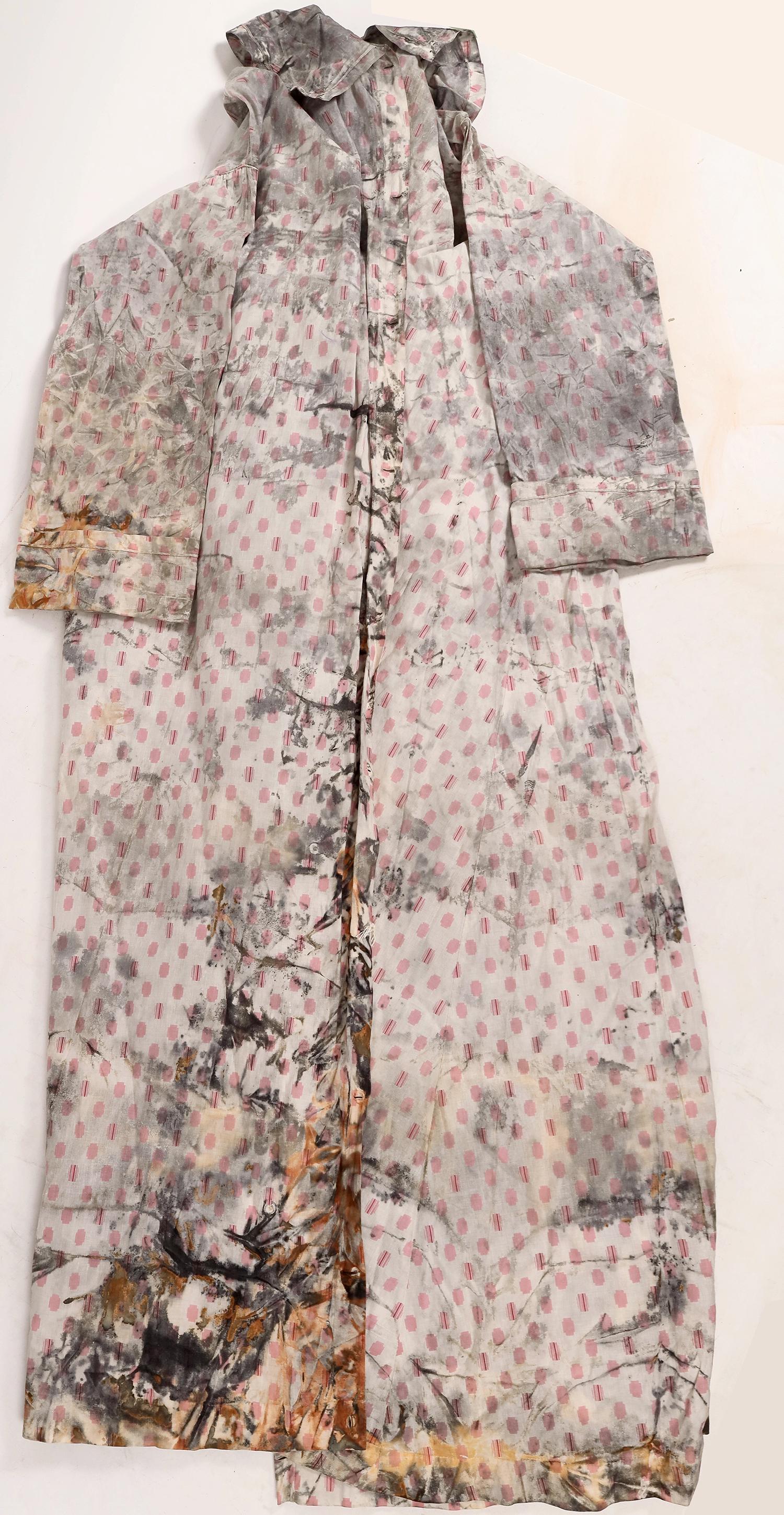 Ladies Clothing, Easton Trunk, SS Central America Treasure [161752]: Ladies clothing recovered from the Easton trunk found at the S.S. Central America shipwreck. 1.) A woman's large dressing gown with two different pink patterns, all about 1/2 x 3/4 inch at regular int