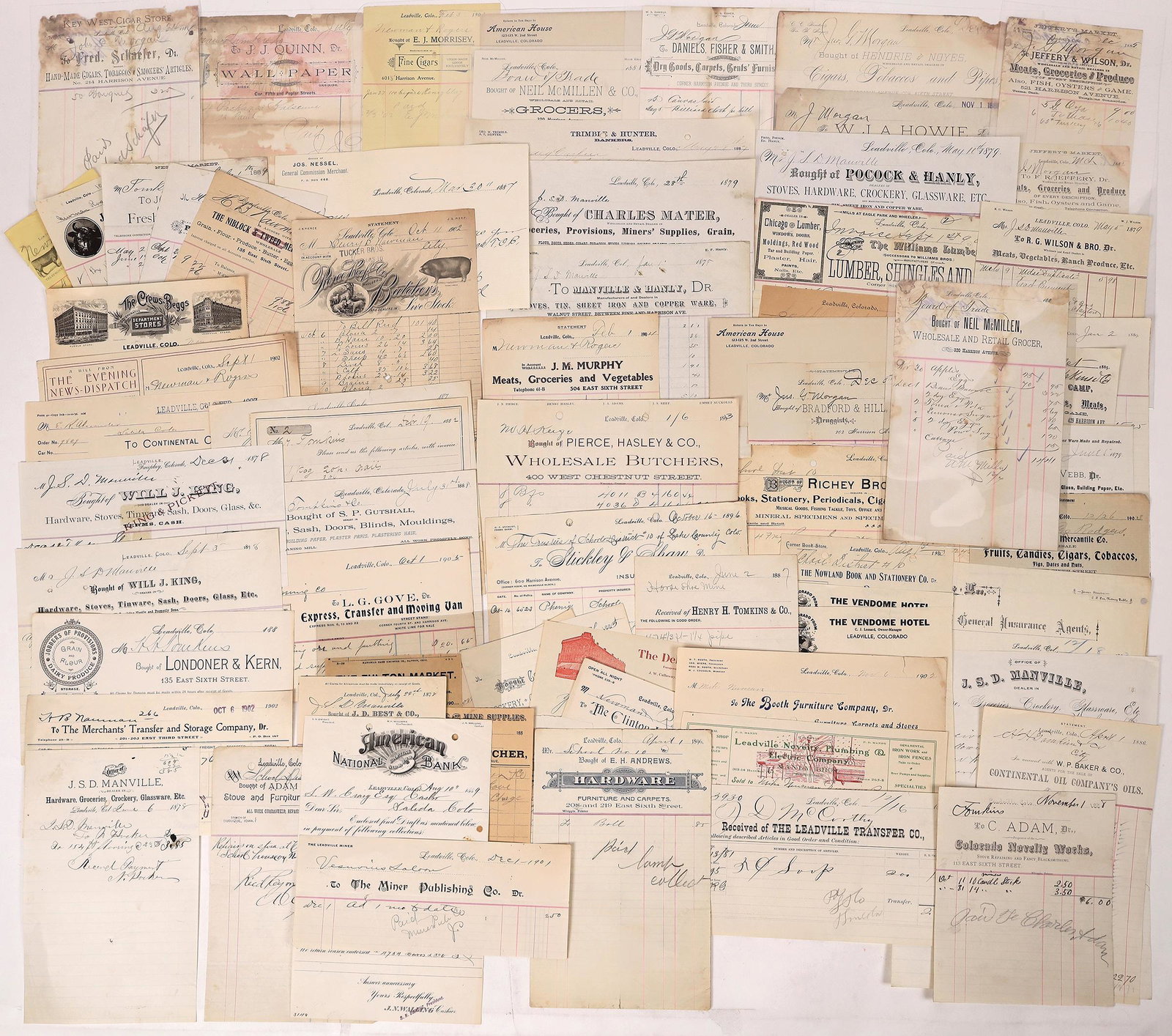 Massive Leadville Billhead Collection 2 [164519]: Lot of approx. 70 pieces. Most are pre-1900. Includes nice cross section of businesses incl. groceries, hardware, books, etc. Some issued to the Board of Trade saloon/John Morgan. Includes pictorial p