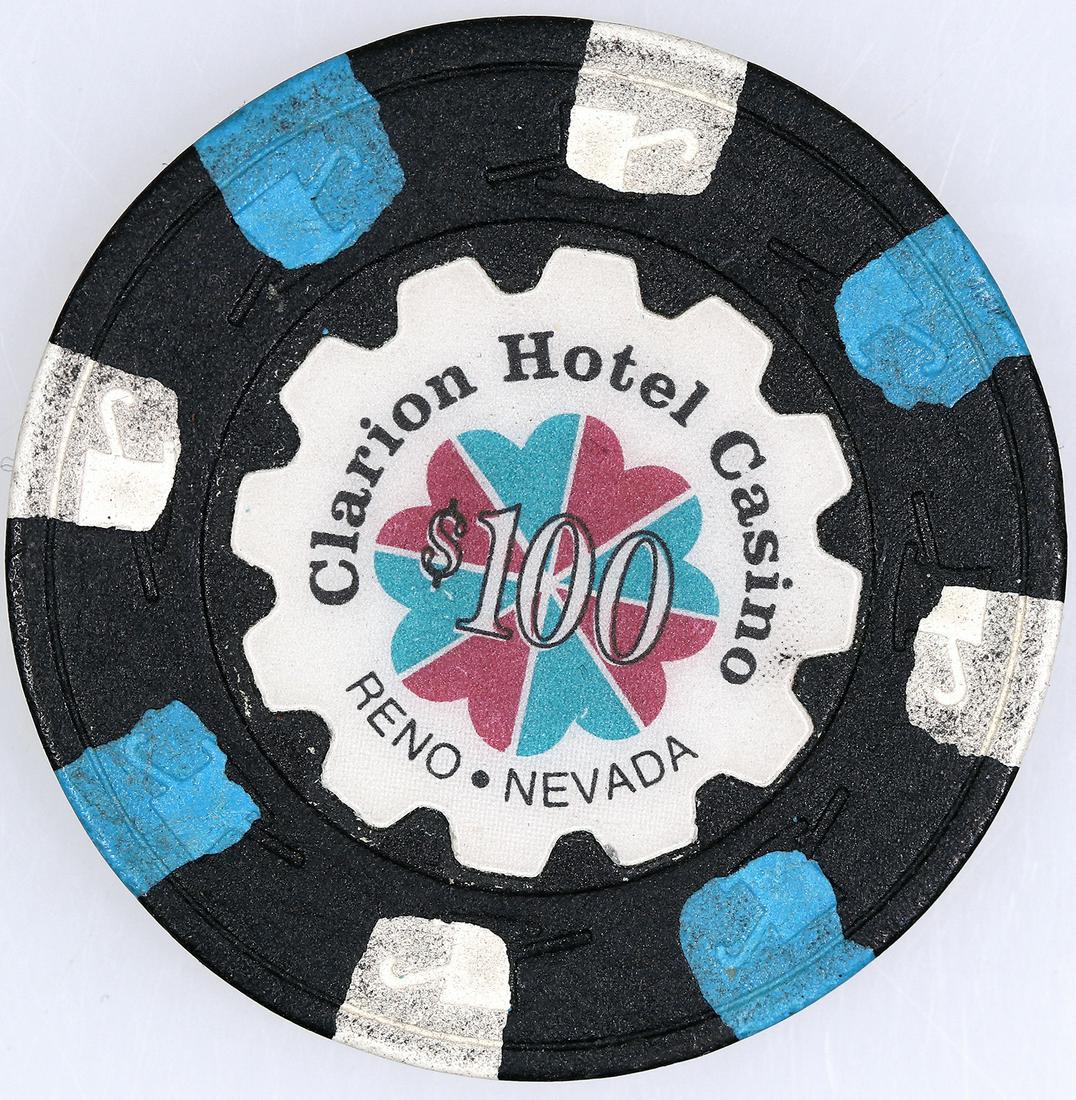 Clarion Hotel $100 Gaming Chip [161811]: In April 1991, the Clarion Hotel Casino was opened on the corner of South Virginia and Peckham Lane. In 1993, an IPO took the company public as Monarch Casino & Resort Inc. (NASDAQ:MCRI). The IPO help