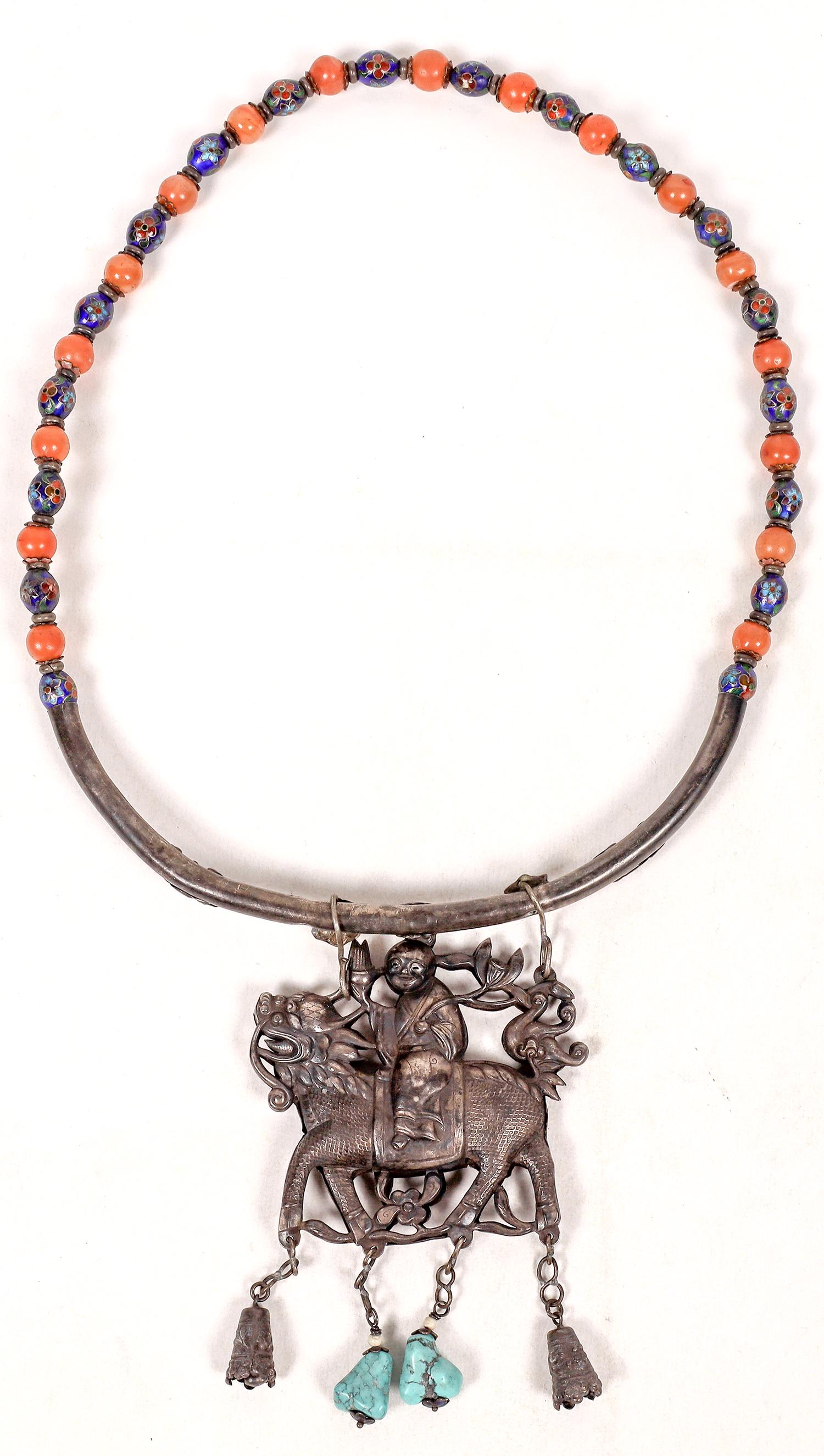 Chinese Chi Lin  Silver Amulet/ Beaded Necklace - Antique [159069] (1 of 2)