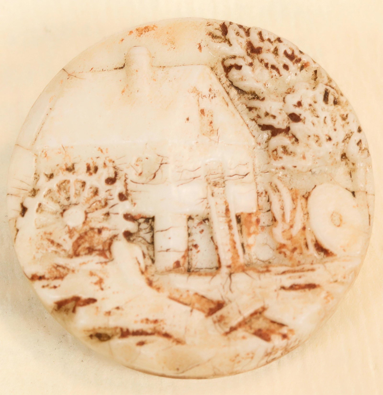 Milk Glass Button [157549]: German mill scene in milk glass button circa 1878. Purchased at Once Upon A Button, New Orleans. 27 mm.Date: Country (if not USA): State: City: Provenance: Gary Bracken Collection