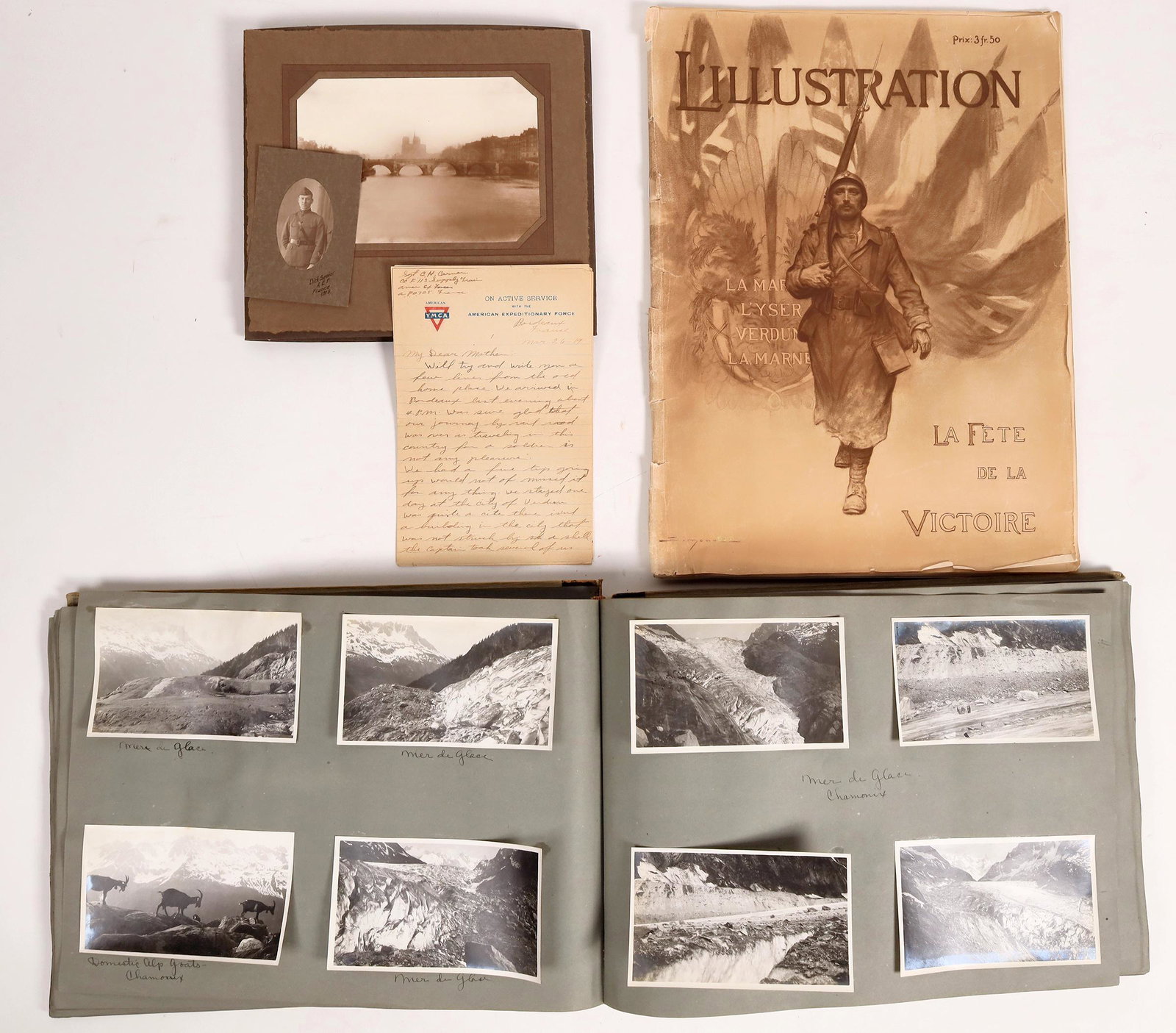 Photo Album, Post WW1 and Europe Trip and More WW 1 Items, 1919 [161888]: Nice photo album from 1919 with notations of a trip to post World War 1 Europe with about 300 photos. The album starts with the Atlantic voyage aboard the Ariana with crew photos, playing deck hockey 