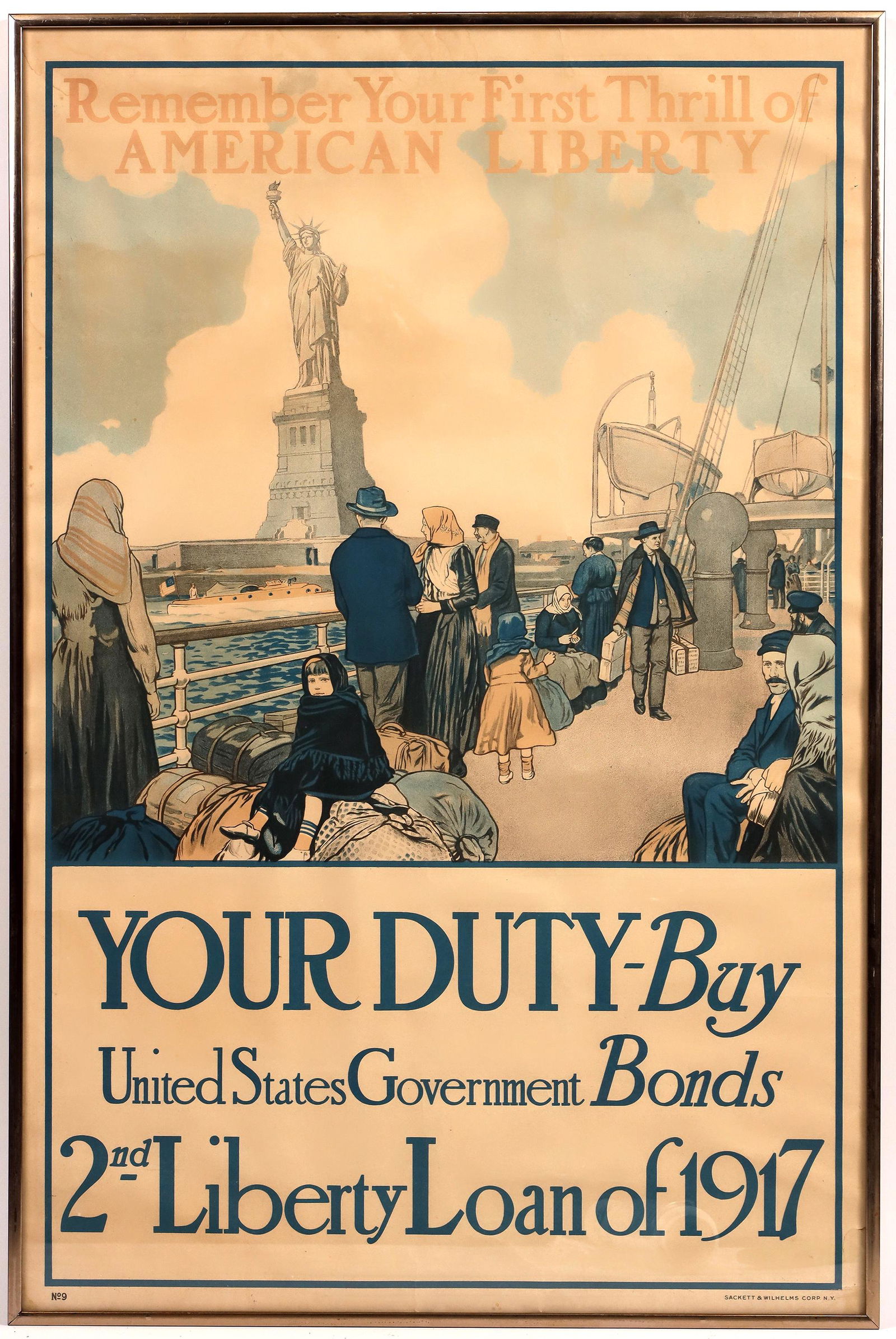 WW 1 War Bond Framed Poster [161791]: Framed World War 1 Your Duty Buy United States Bonds, 2nd Liberty Loan of 1917. 29.5x20.25". Wrinkles, left border water stain and small edge tears. Please inspect.Date: Country (if not USA): State: C