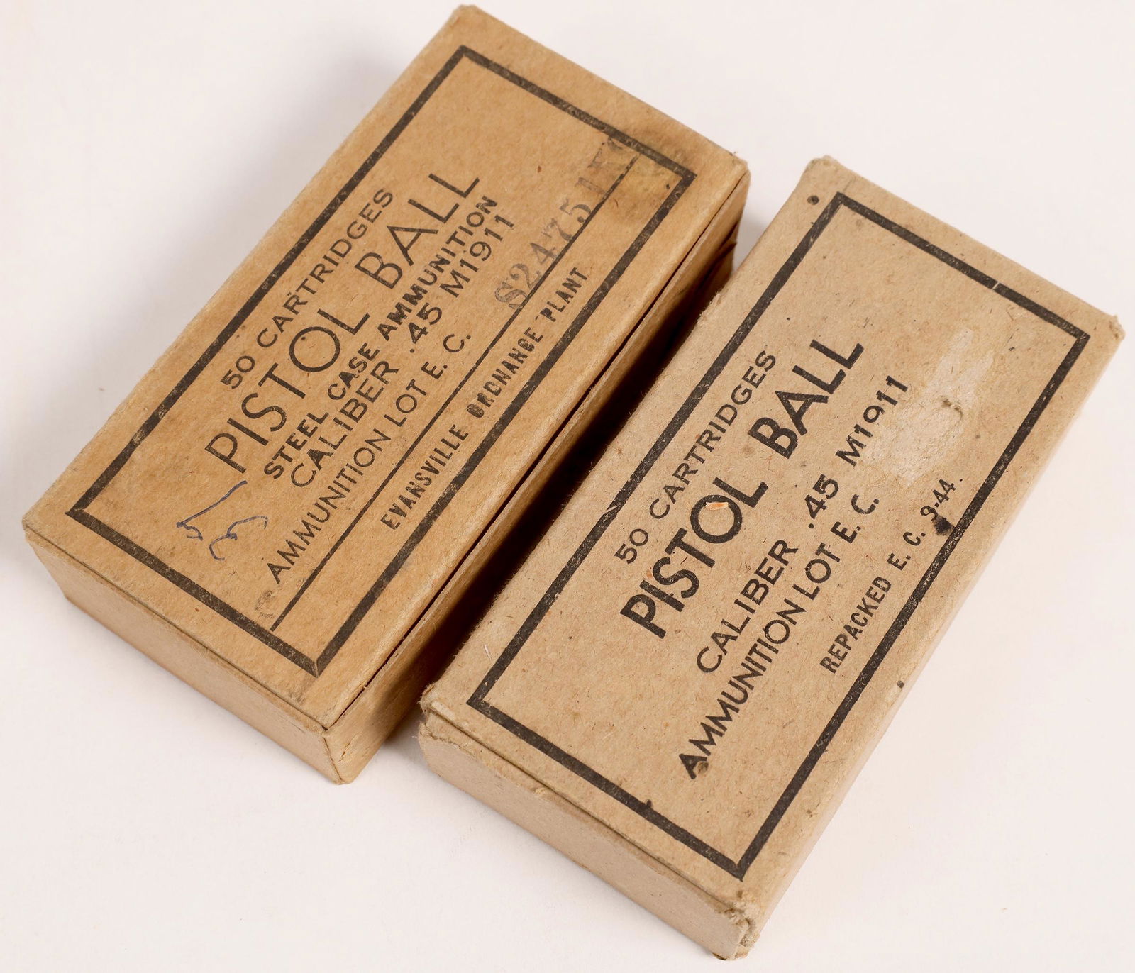 .45 Caliber Ammunition for the Model 1911 from the Evansville Ordnance Plant 1944 [161624]: This lot contains two 50 round boxes of .45 cal. M1911 ammunition. The Evansville Ordnance Plant was a converted Chrysler Corporation plant that made .45 cal. ammunition from 1942 to 1944 to a quantit