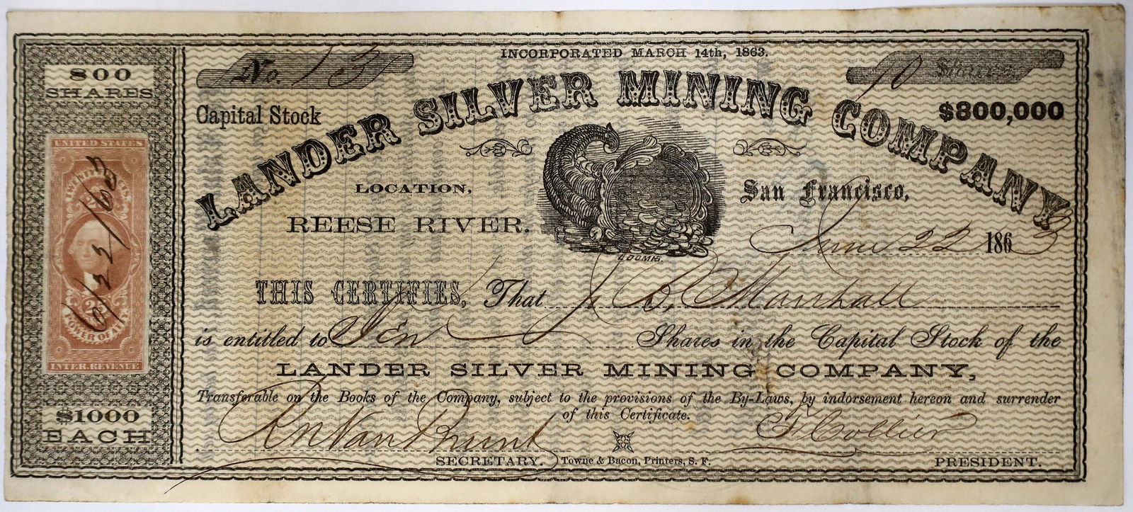 Lander Silver Mining Company Stock with Loomis Cornucopia vignette [144396]: Lucky number 13 for 10 shares to J. B. Marshall. Signed by R. Van Brunt and T. Collier. Dateline San Francisco June 22, 1863, Incorporated March 14, 1863. 25c Power of Att'y Revenue Stamp. Not cancell