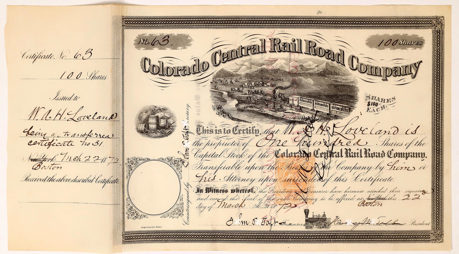 Colorado Central Railroad Co. Stock, Signed by Loveland & Teller, with RNT4 [160286]: Rare Colorado railroad stock with imprinted revenue. No. 63, issued to WAH Loveland for 100 shares in March 1872. Signed on the reverse by Loveland. Signed by Henry M. Teller as president (signs over 
