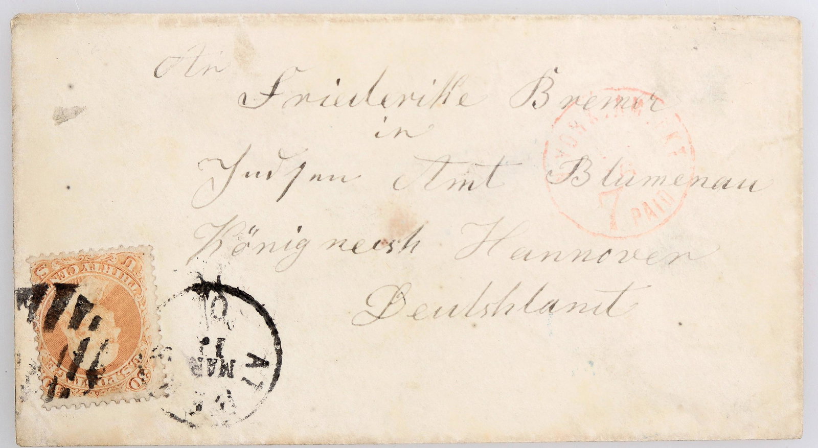 Cover with #7 to Germany [163952]: #7, rust 30 cents, on cover to Hannover Germany. Tied by black grid. Postage in lower left. Athen Ohio and Bremen packet paid 7 front cancels. Blue Wunsotrf cancel on back.Date: Country (if not USA): 