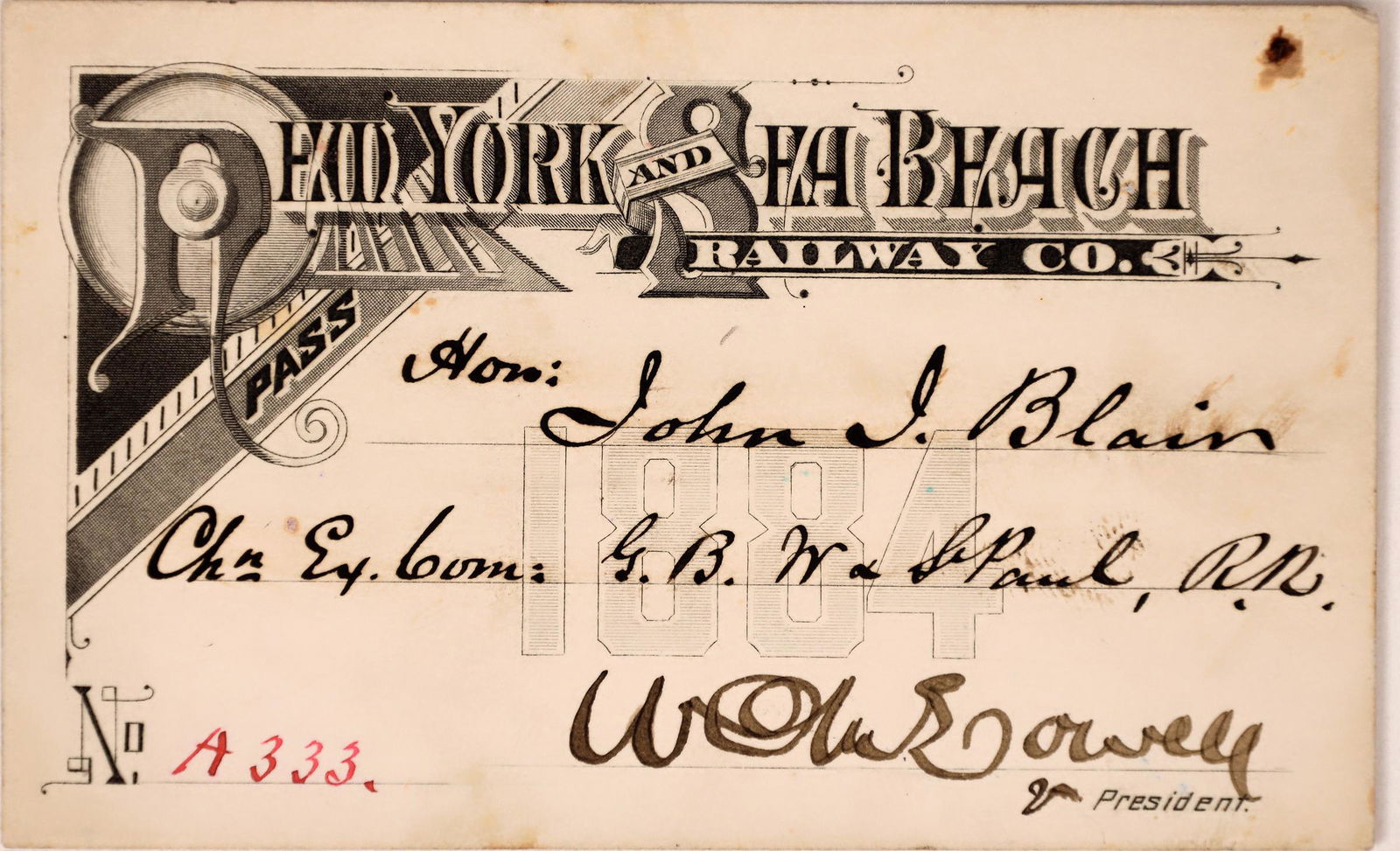 New York & Sea Beach Railway Co. Pass Issued to John Insley Blair [165764] (1 of 2)