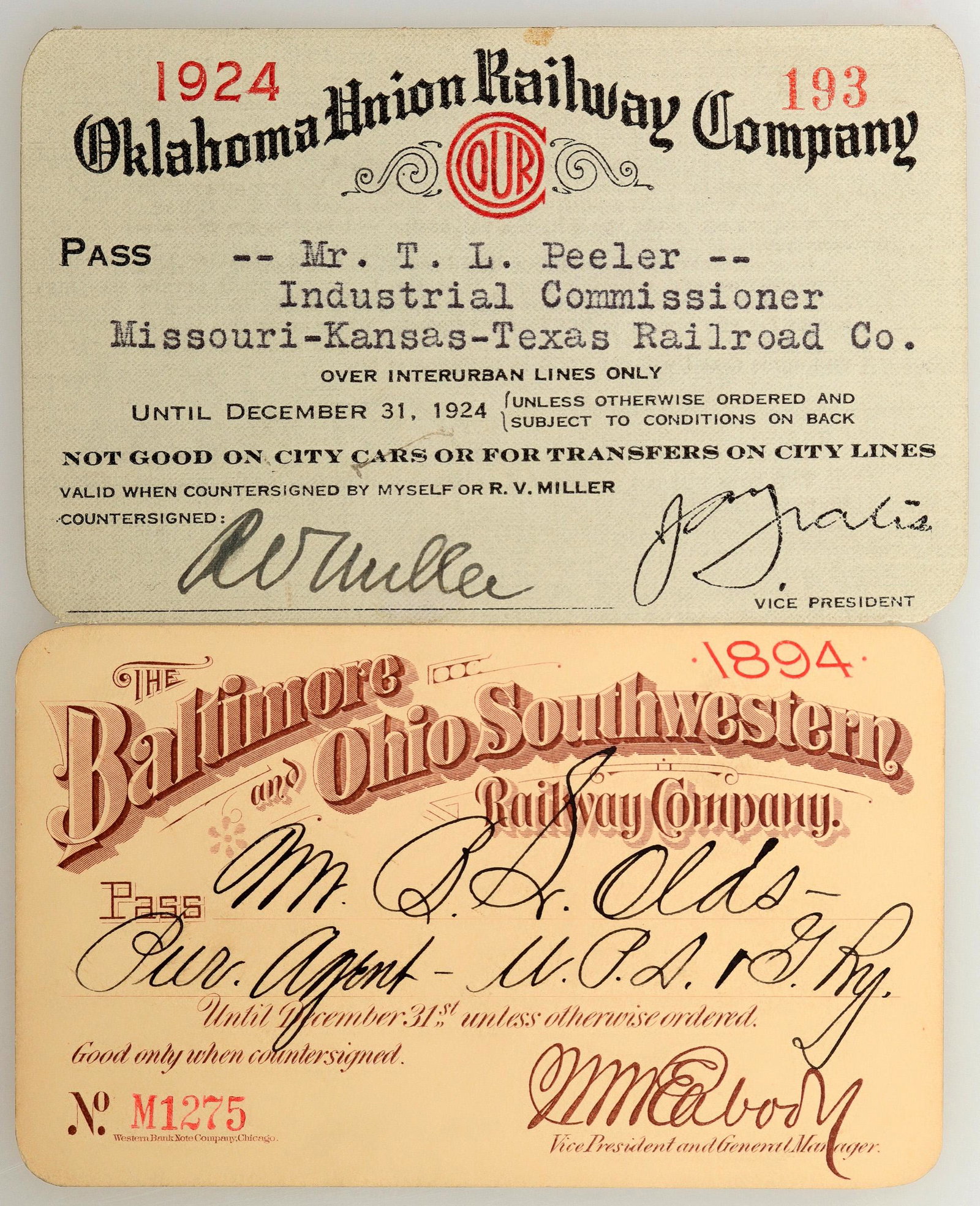 Two Different Railroad Annual Passes: Oklahoma Union and Baltimore & Ohio [167942]: Lot of 2 different. 1) Baltimore & Ohio Southwestern Railway Company. Pass no. M1275 issued for 1894 to BS Olds of the UPS&G Railway. Preprinted signature of the vice president. Brown print on cardsto
