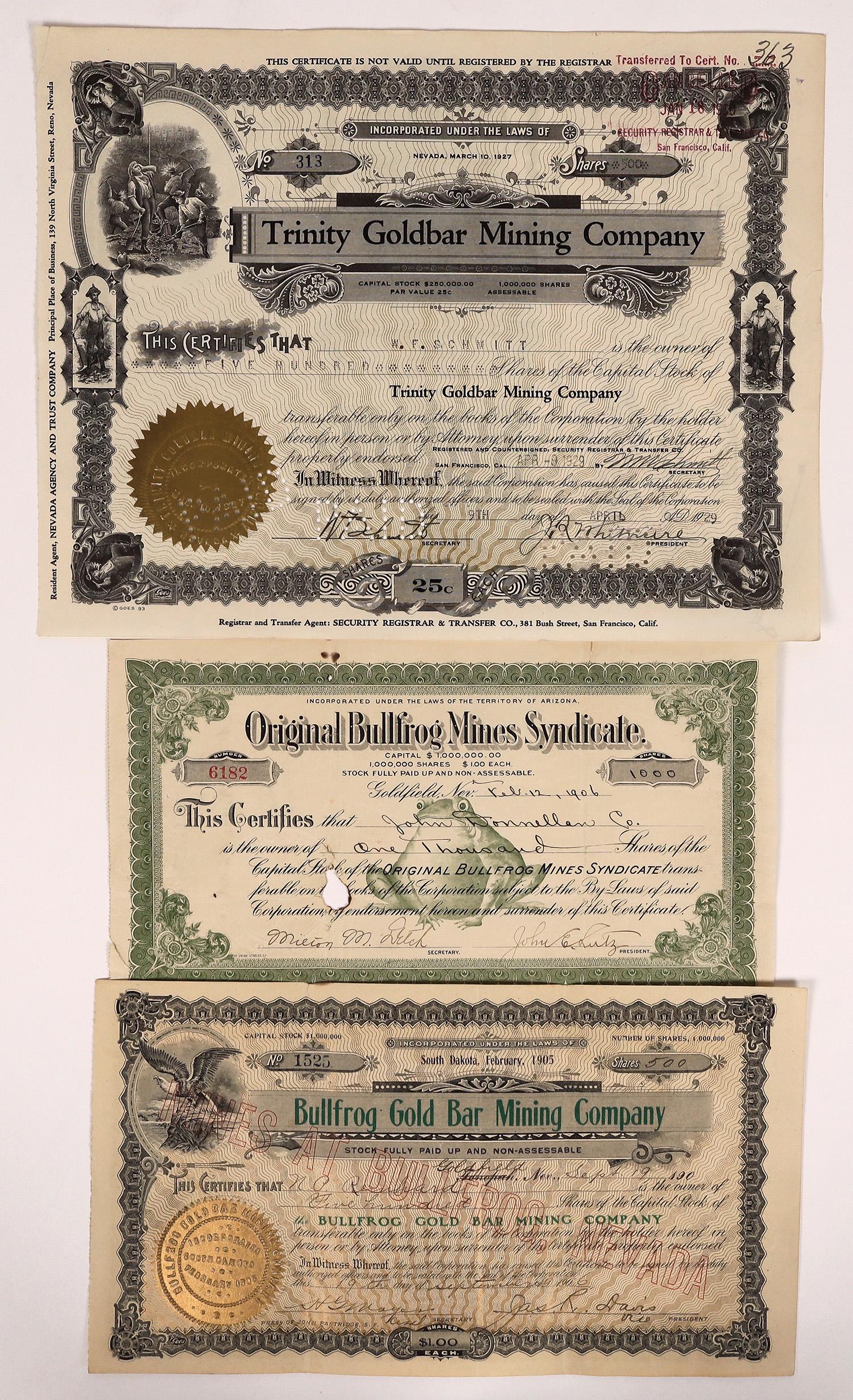 Bullfrog, Nevada Mining Stock Certificate Trio [165837] (1 of 1)