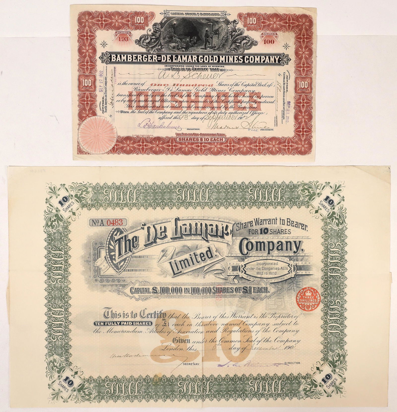 Two Scarce Delamar, Nevada Mining Stocks Including Rare Bamberger Stock [165480] (1 of 1)