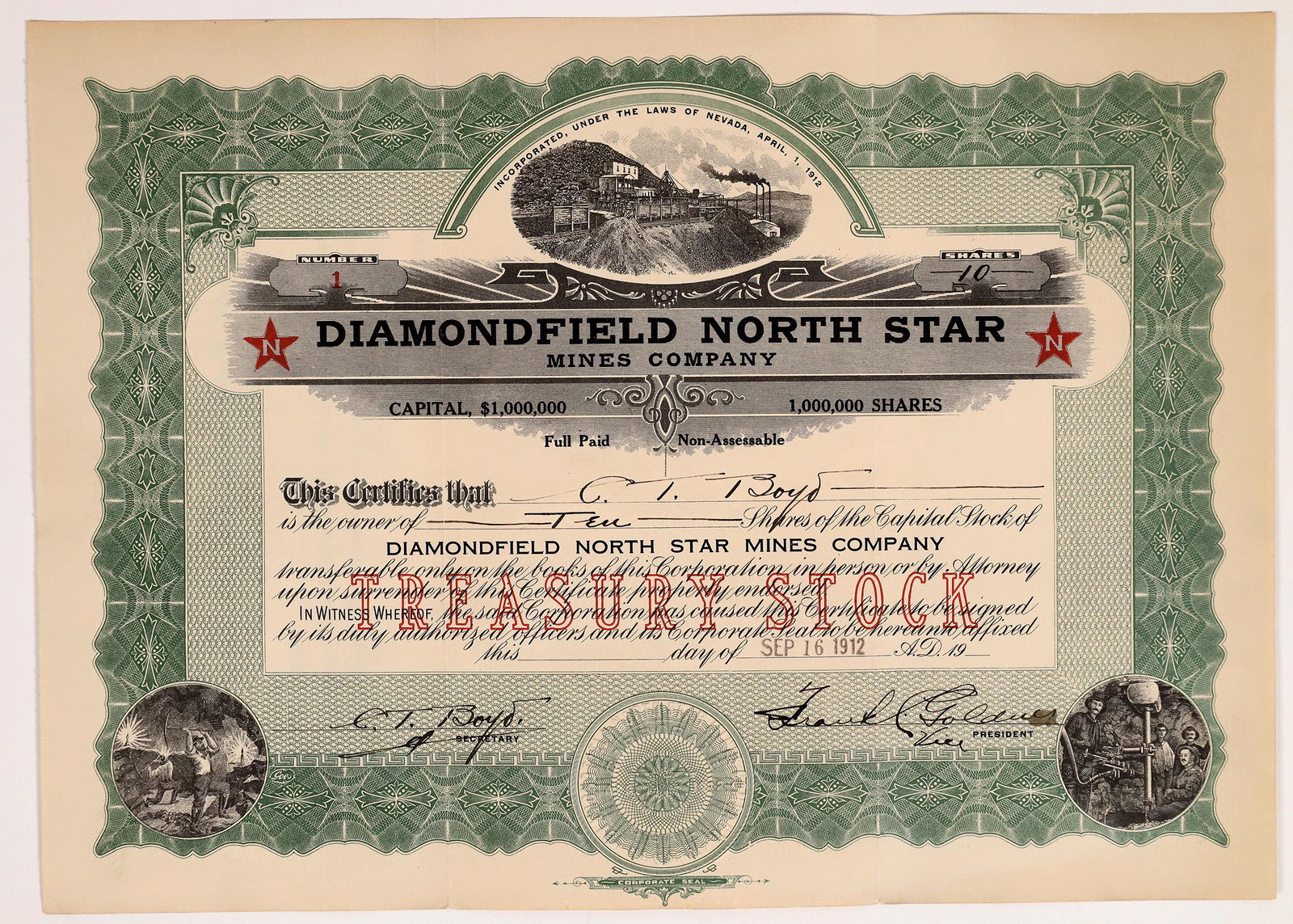 Diamondfield North Star Mines Co. Stock #1 Signed by Frank Golden [165842]: Inc. in Nevada, April 1, 1912. Stock certificate number ONE, issued to secretary CT Boyd for 10 shares in September 1912. Signed by Boyd and Frank Golden as vice president. Not cancelled. Green border