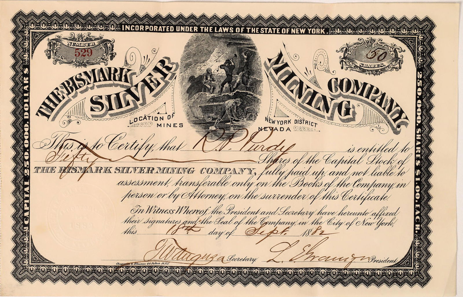 Bismark Silver Mining Company Stock Certificate [164594] (1 of 1)