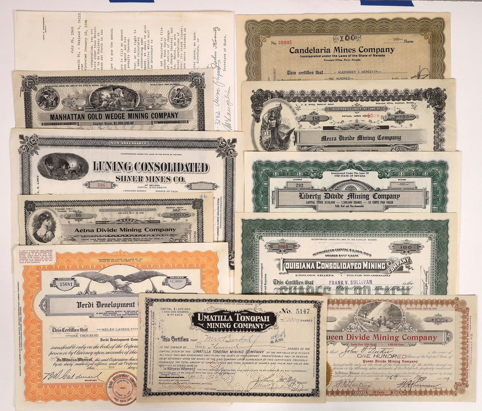 Nevada Mining Stock Certificate Collection (Luning, Divide, Candelaria, Tonopah) [165854] (1 of 1)