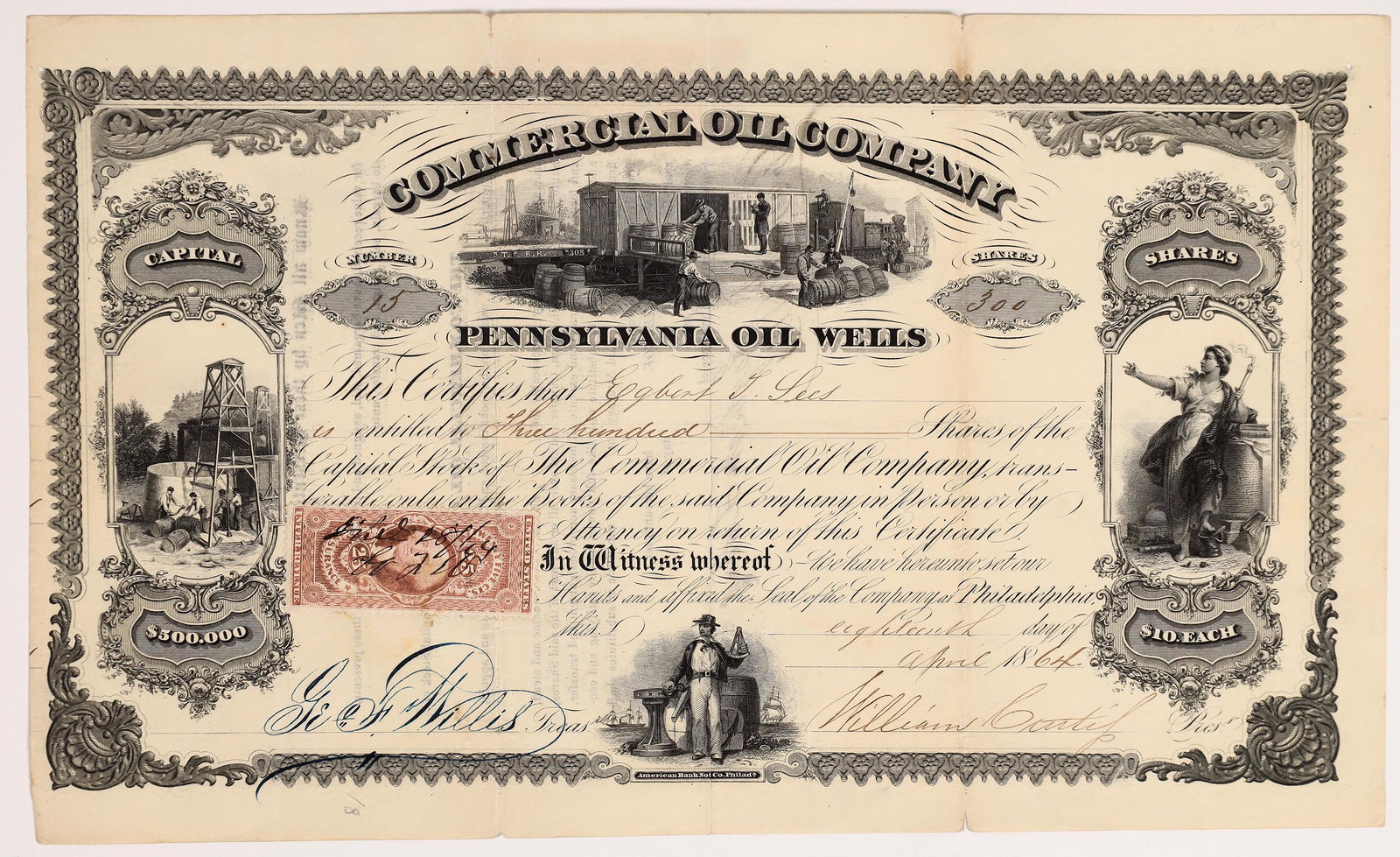 Commercial Oil Company Stock Certificate [165293]: "Pennsylvania Oil Wells" printed below vignette. No. 15, issued for 300 shares to Egbert Lees in Philadelphia in 1864. Signed by president William Curtis and treasurer Willis. Not cancelled. Highly il