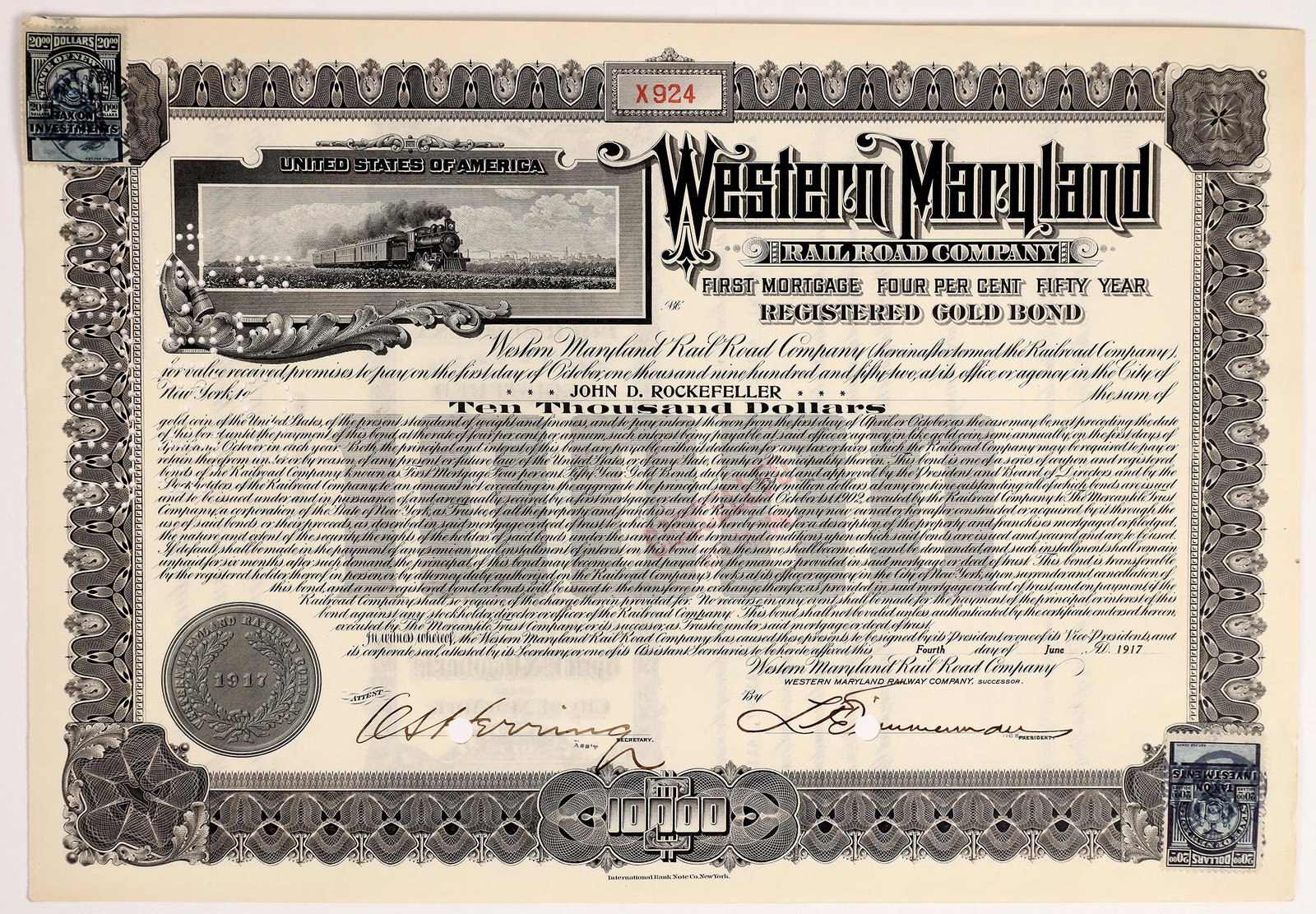 Western Maryland Railroad Co. Bond Issued to John D. Rockefeller [165280]: $10,000 bond no. X924, issued to John D. Rockefeller on June 4th, 1917. Not signed by Rockefeller. Signed by the vice president and asst. secretary. Punch cancelled. $20 investment revenue stamps in t