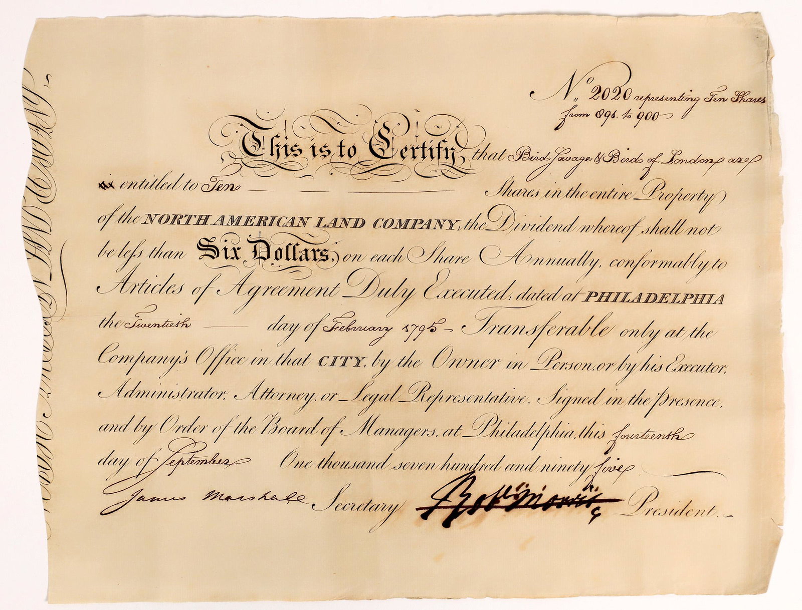 North American Land Co. Stock Signed by Robert Morris, Signer of the Declaration [165282]: No. 2020, issued to Birds, Savage & Birds of London for 10 shares in 1795. Signed by Robert Morris as president and James Marshall as secretary. The Morris signature is pen cancelled. 9.5 x 12" Some t