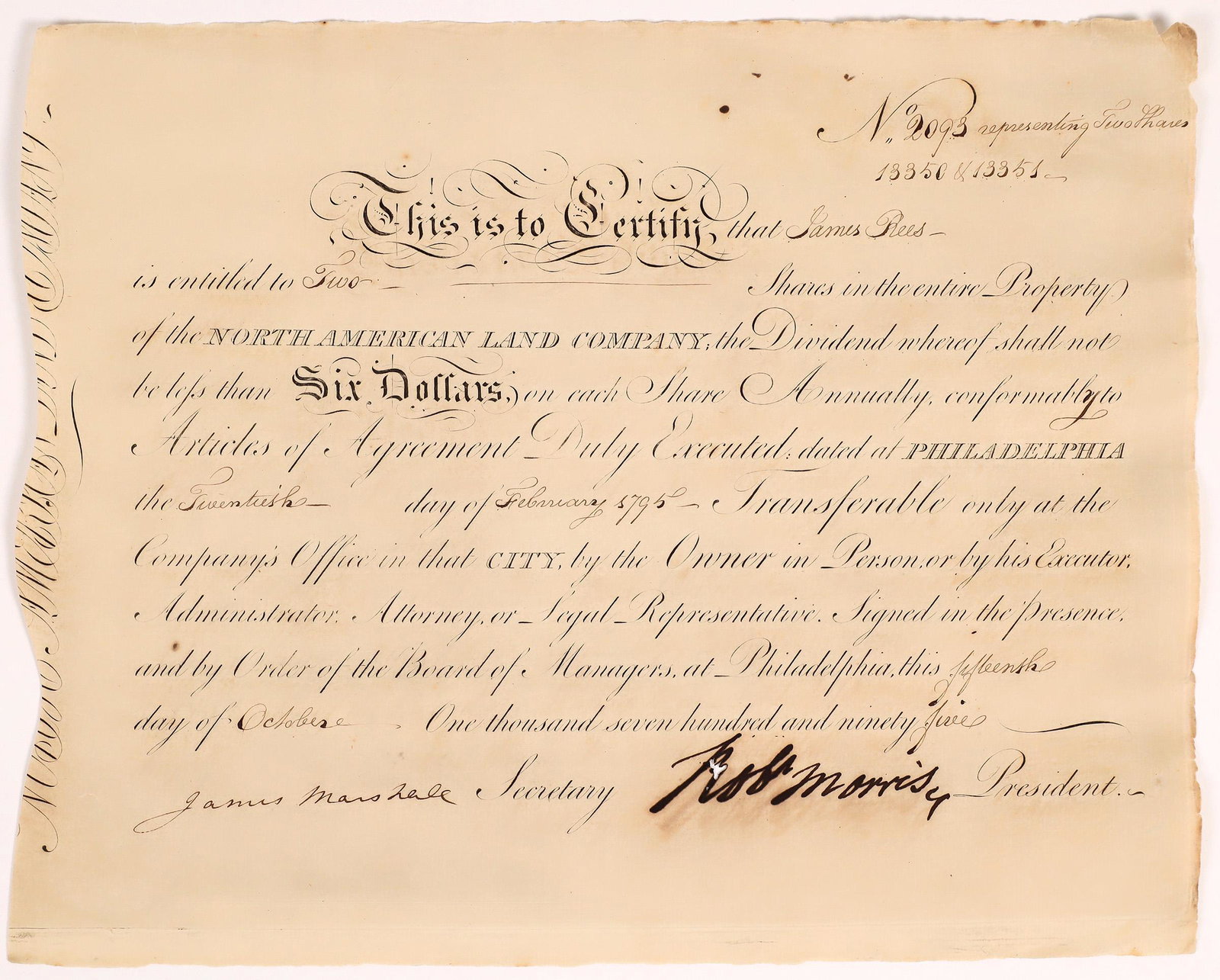 North American Land Co. Stock Signed by Robert Morris, Signer of the Declaration [165906]: Rare uncancelled signature! Issued to James Rees for two shares in 1795. Signed by Robert Morris as president and James Marshall as secretary. The Morris signature is not cancelled (normally they are