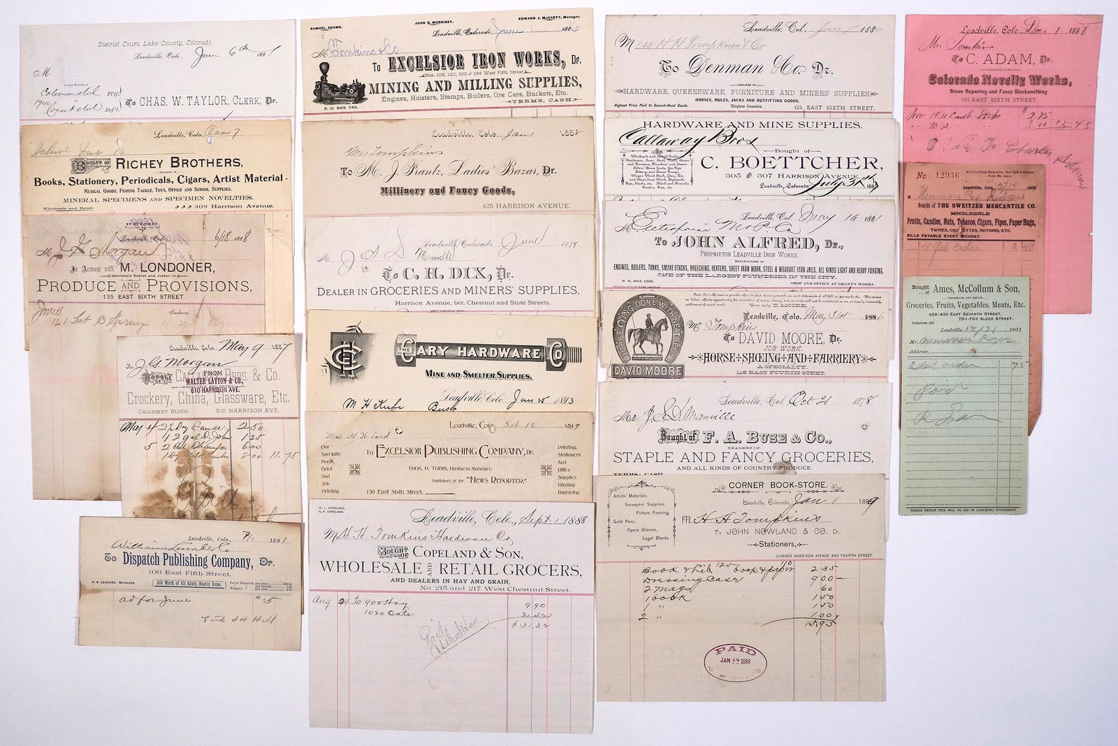 Leadville, Colorado Billhead Collection (20 Different): Iron Works, Crockery, Produce, Hardware, & M (1 of 1)