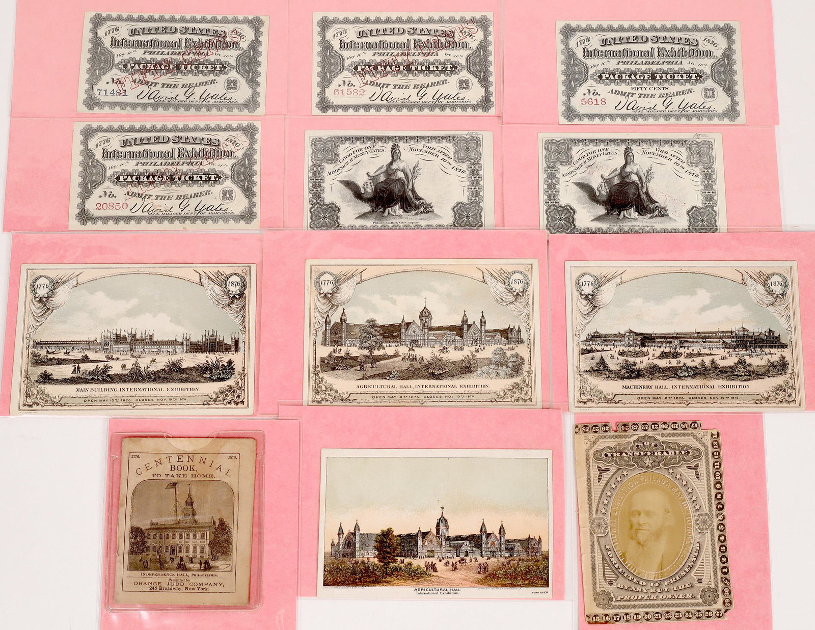 1876 International Expo Philadelphia PA. Tickets Ephemera [166285]: Lot of 12. Six uncirculated admission tickets printed by Philadelphia Bank Note Co.: Front side ticket number and writing, back side Allegorical females seated woman in a native headdress holding a sw