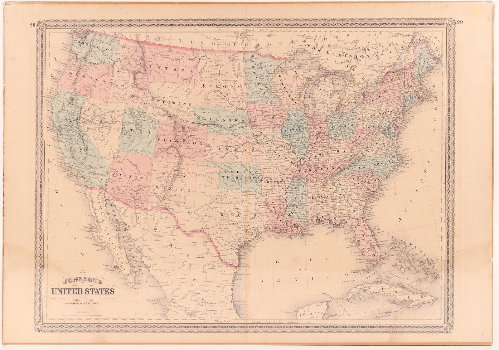 Johnson's US Map, 1864 [167744]: Johnson's US map by A J Johnson, New York c. 1864. Appears to be hand colored with good color borders. Oklahoma shown as Indian Territory. Nice condition for age. 18x27". Date: Country (if not USA): S