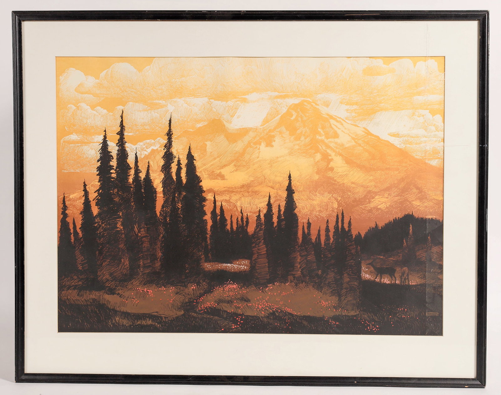 Pacific Northwest Mountains Silkscreen Print [168663]: Done in 1966 by a Northwest Artist named "Bennett." Framed, 27 x 22 inches. Deer grazing in the shadow while sun and clouds play on the mountains.
