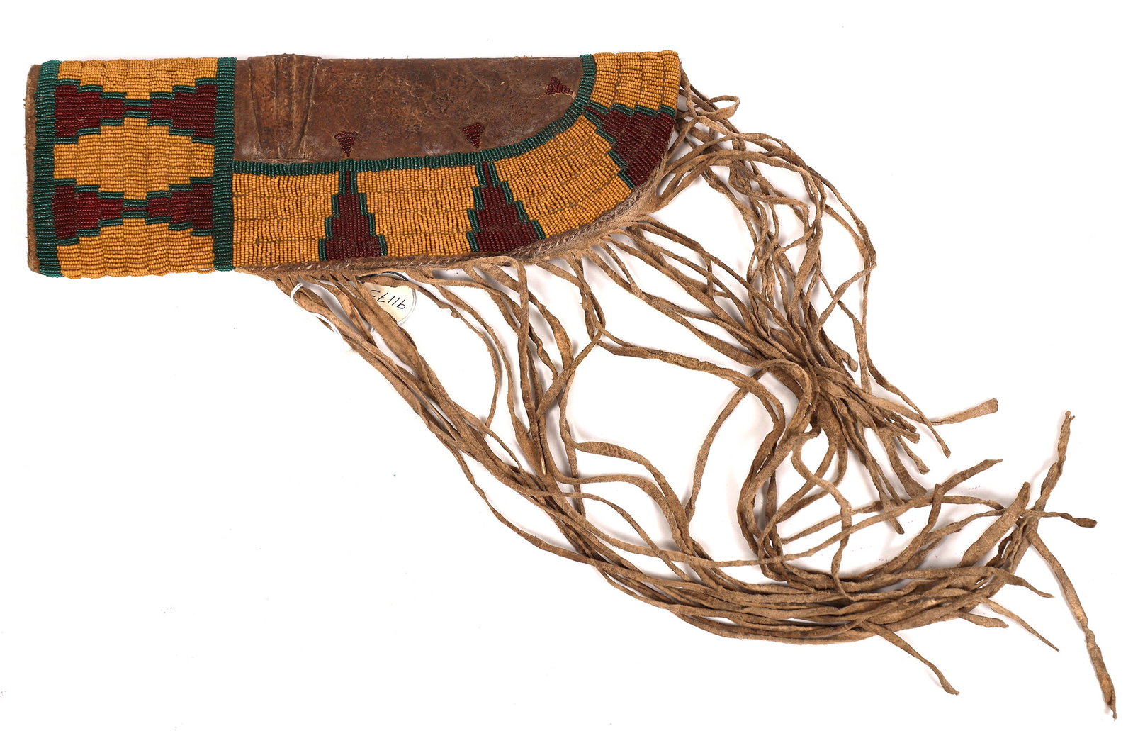 Knife Sheath, Beaded Rawhide [163810]: This is a beaded knife sheath that measures 13.75 in. X 5 in. with 12 in. fringe. The leather is of cowhide (as apposed to brain tanned deer, buffalo, or elk) with beads skillfully attached with imita