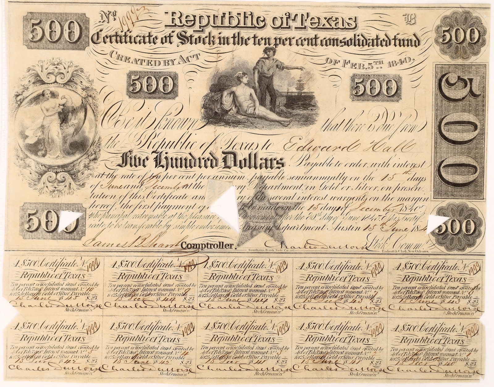 Republic of Texas Certificate of Stock, $500, 1840, Issued to Edward Hall  [167067] (1 of 1)