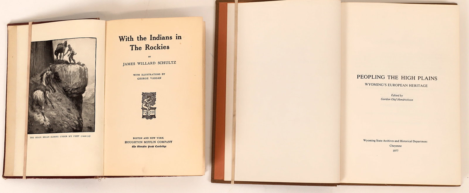 Plains Indian Books (2) [170315]: A duo of books dealing with American Indians in the Rockies. First is "With the Indians in the Rockies" by James Willard Schultz copyright 1912 , 227 pages. Binding shows slight separation. Next is "P