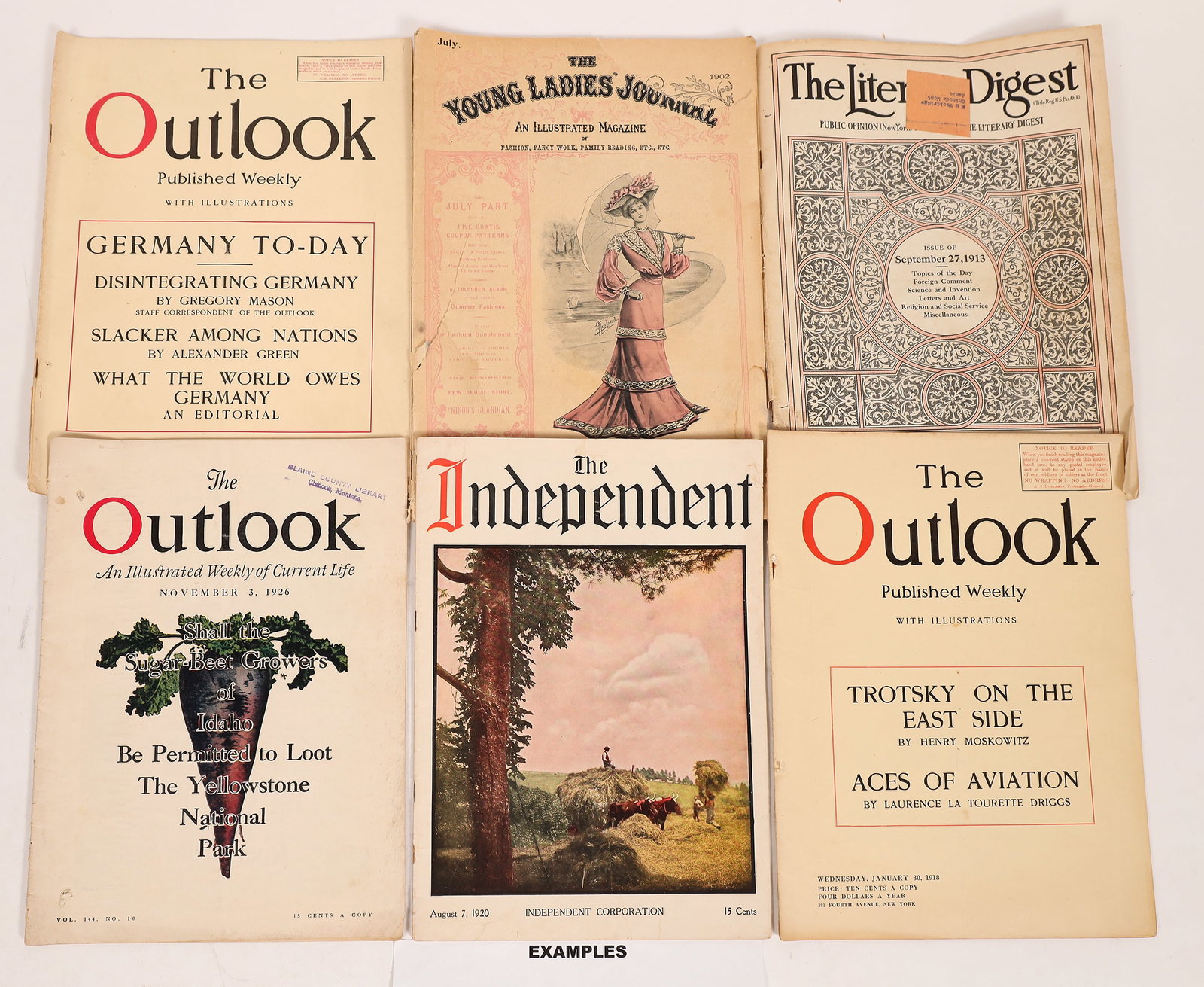 Out Look Magazines (40) [164862]: About 40 unbound issues of The Outlook, c. 1910's to 1920's, and 2x The Literary Digest. Interesting covers include Yellowstone, Save the Redwoods, Mobilizing 'Rastus, Aces of Aviation, Negro Patrioti