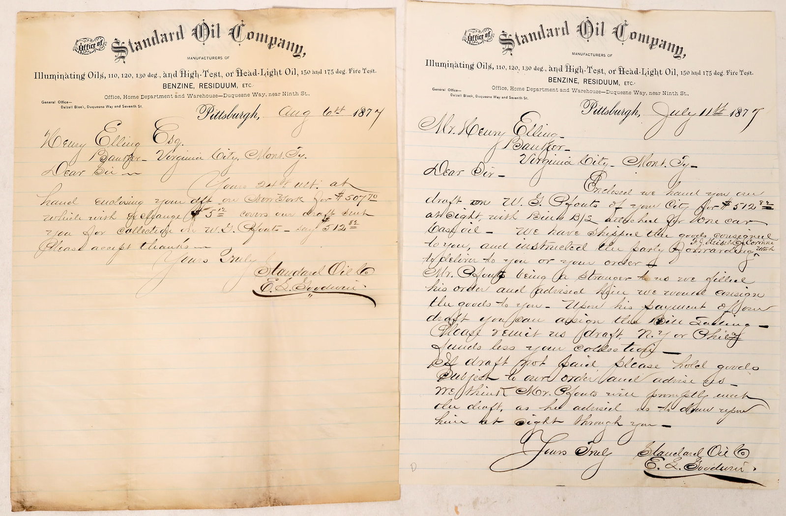Standard OIl Letterheads, 1877 (2) [168281]: 2 Standard Oil letterheads c. 1877 to Henry Elling from Pittsburgh office with a mention of their New York office. Signed by E S Goodwin. One letter has toning. "Standard Oil Company, Inc. was an Amer