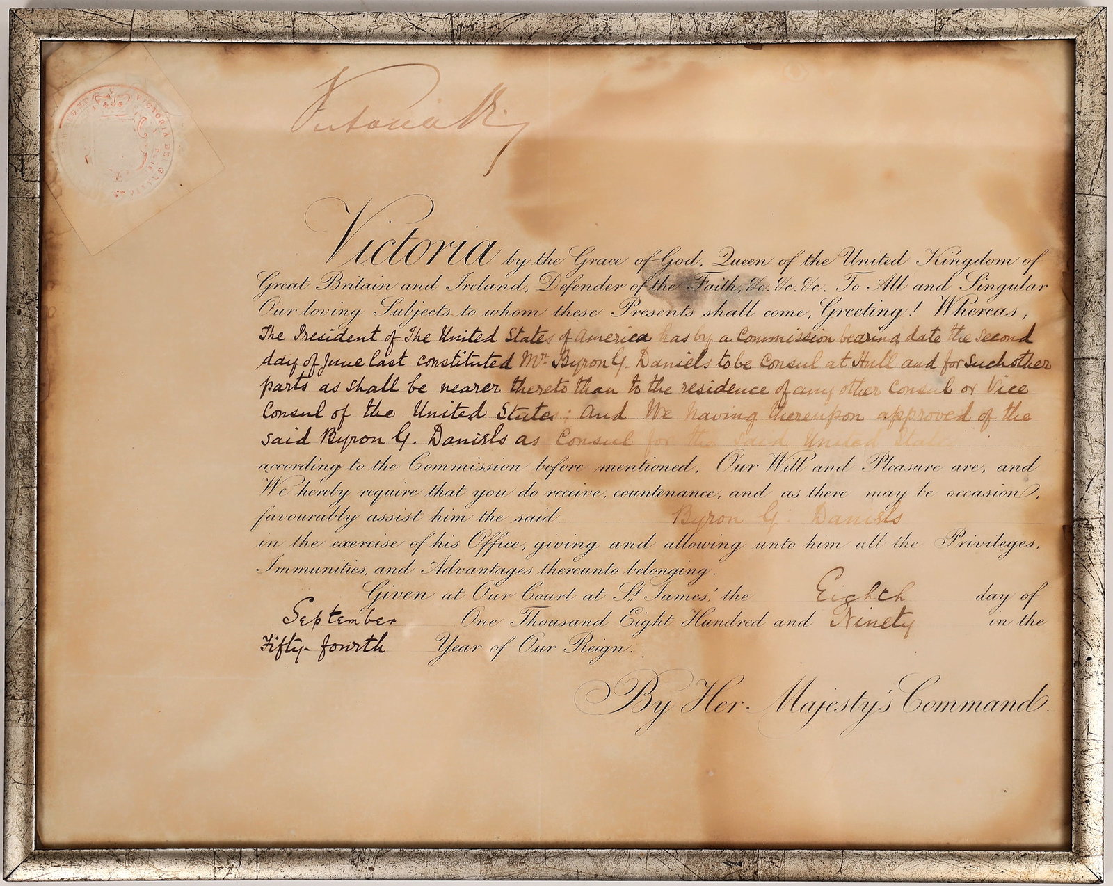 Queen Victoria Signed Decree, 1890 [169716]: 1890 appointment of Byron G Daniels to be US consul at Hull, signed by Queen Victoria in upper left. 12x15". About 50% stain on right side, not on signature. Please inspect. United Kingdom 1890 Stuart