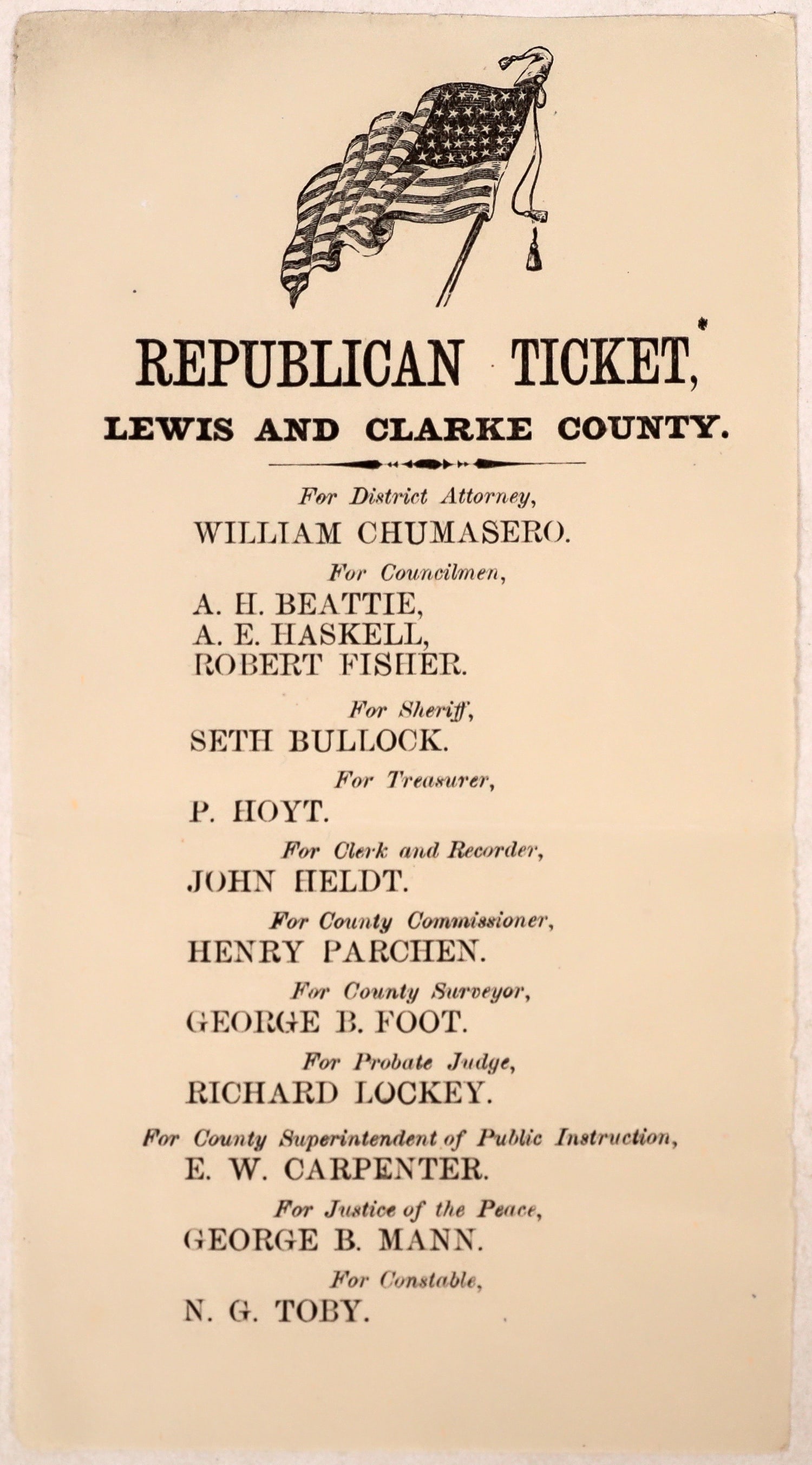 Seth Bullock For Sheriff Handbill, c. 1873 [168284]: c. 1873 Seth Bullock for Sheriff handbill, Lewis and Clarke County, MT. 6.75x3.75". "In 1873, he was elected sheriff of Lewis and Clark County, Montana. During his tenure as sheriff, he killed his fir