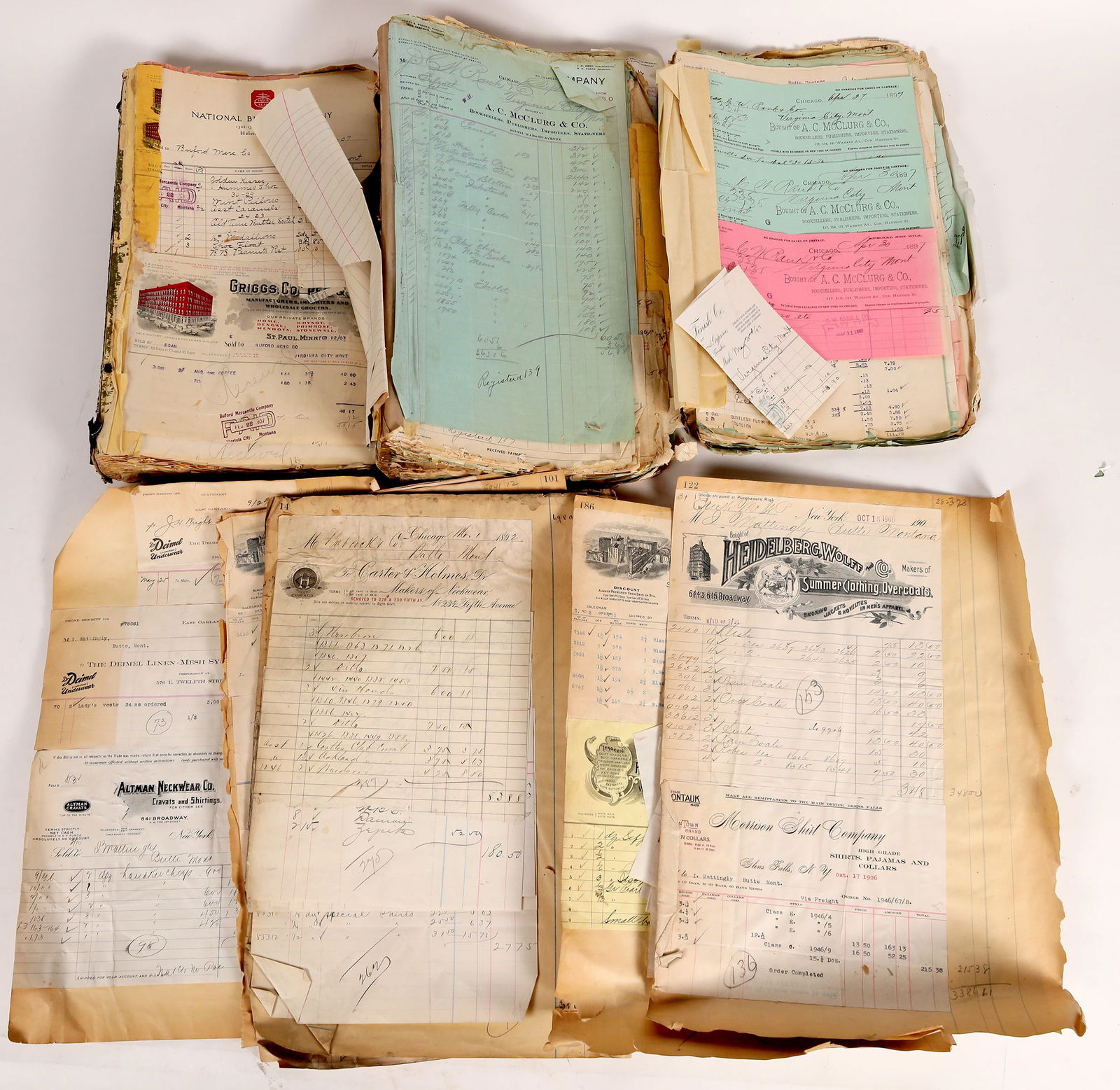 Montana Billhead and Ledger Collection [166598]: 11 lbs of billheads and ledgers, some pictorial, c. 1890-1906. Mostly Montana. Montana c. 1890-1906